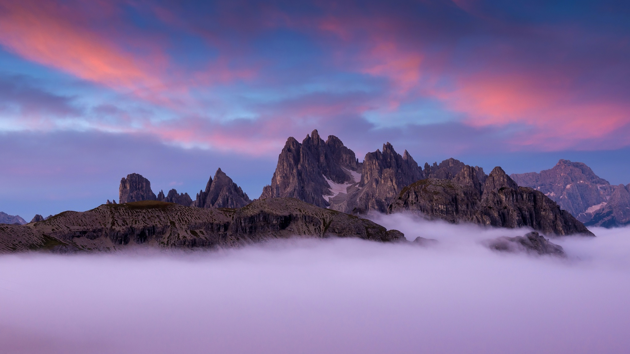 Earth Mountain Dolomites Italy Fog Sunset Sky Pink Purple 2048x1152