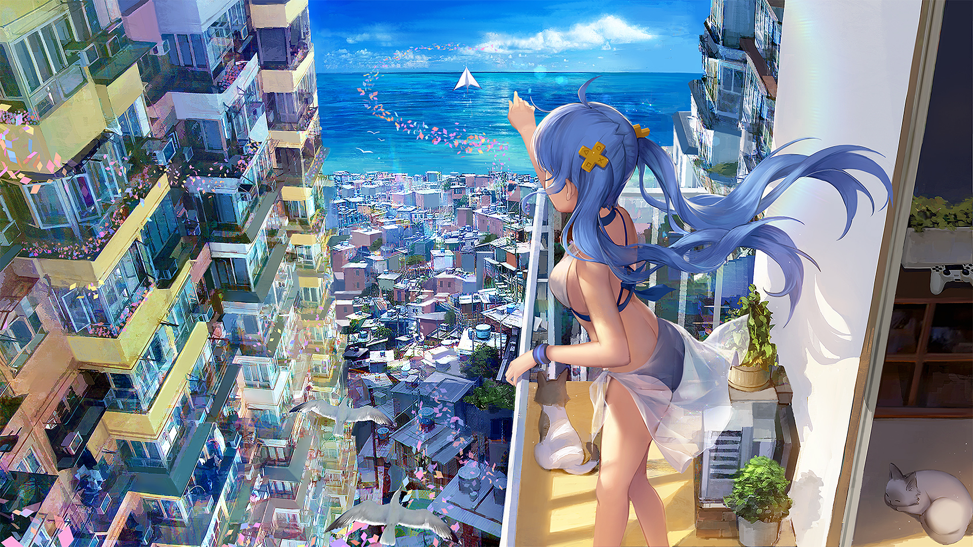 Back Anime Girls Beach Building House Paper Planes PlayStation Cityscape Water Sea Birds Cats Gamepa 1920x1080