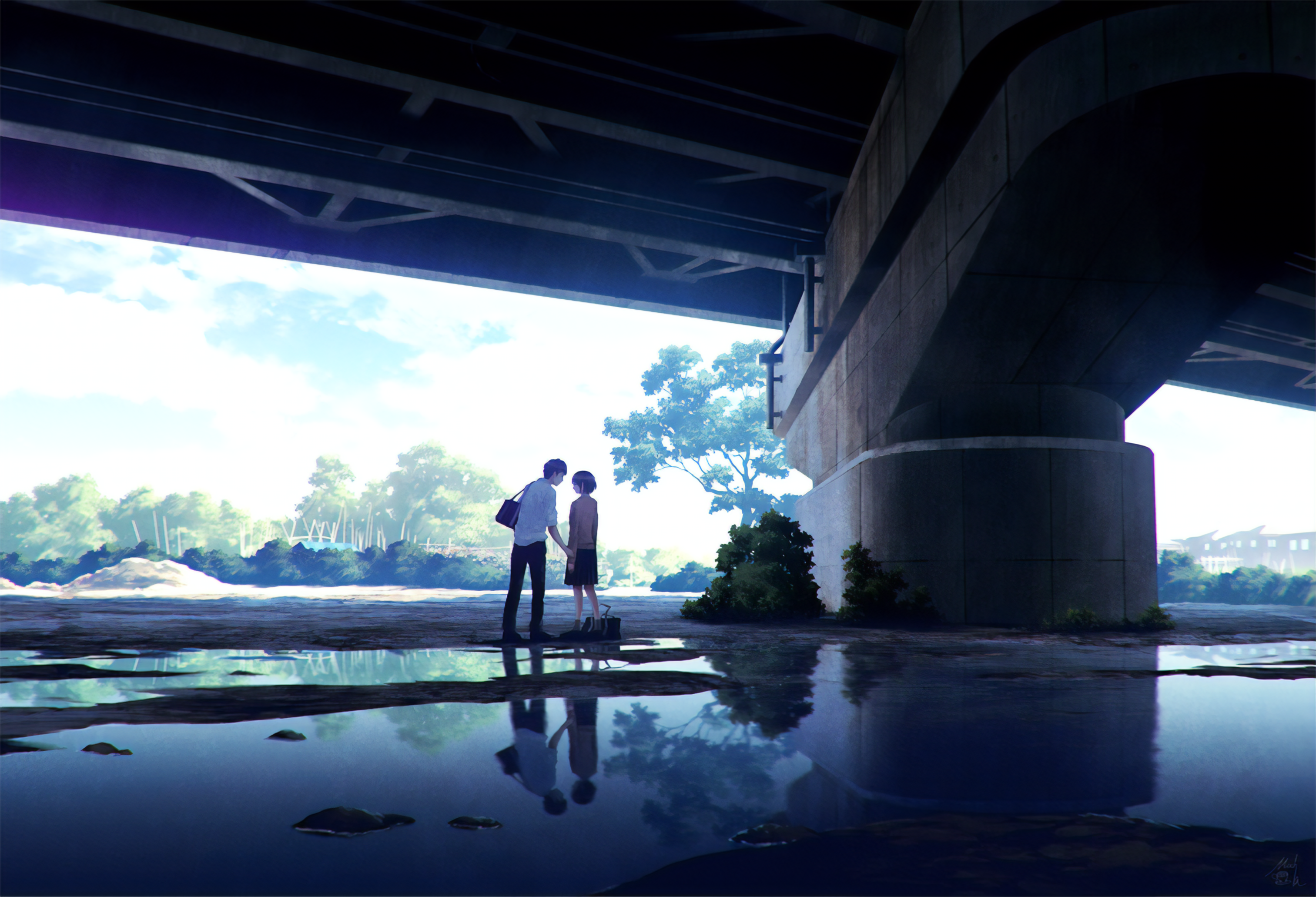 Bridge Under Bridge Water Puddle School Uniform Trees Sky Clouds Reflection Anime 3025x2062