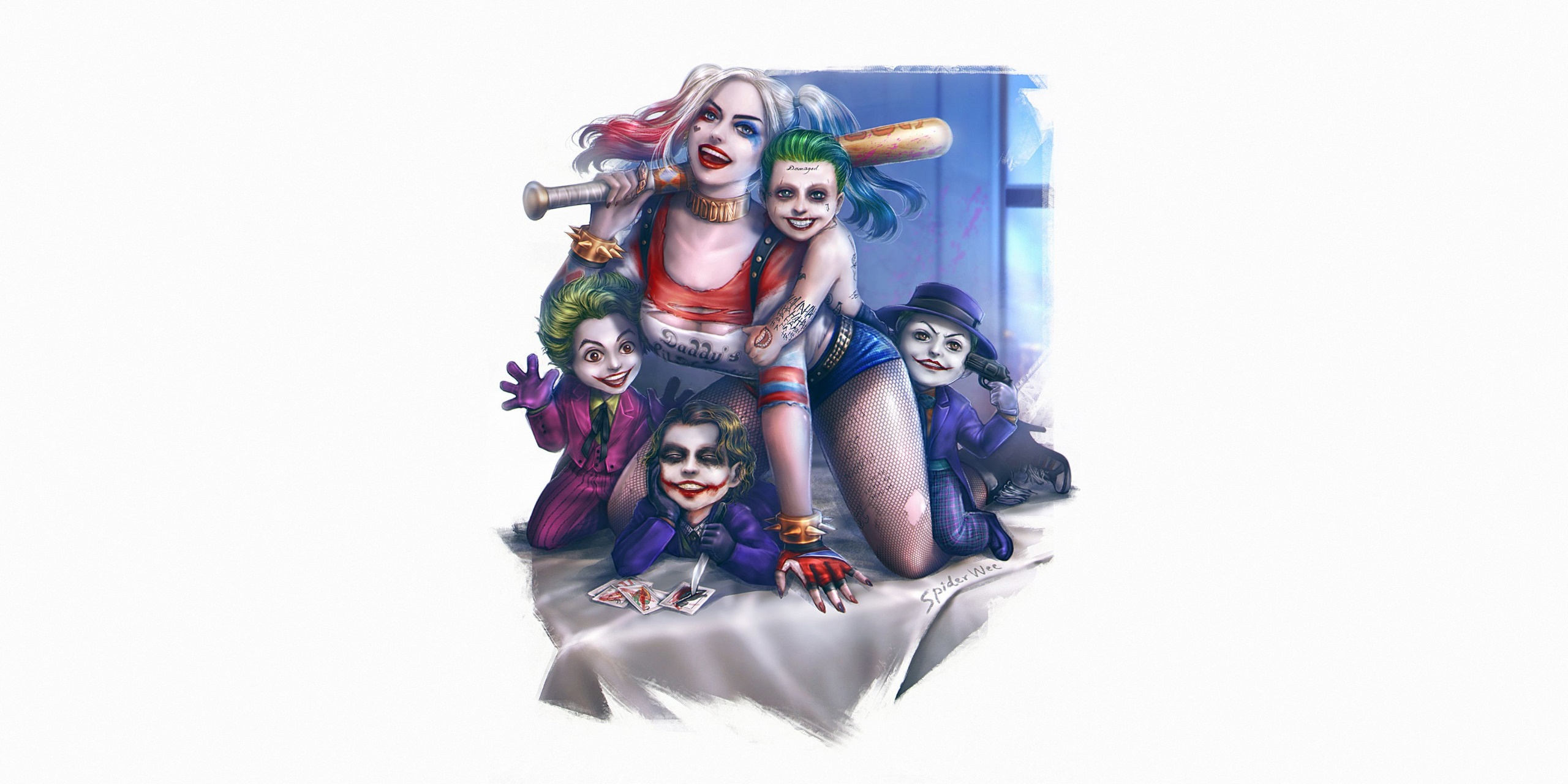 Artwork Harley Quinn Children Family Simple Background White Background 2560x1280