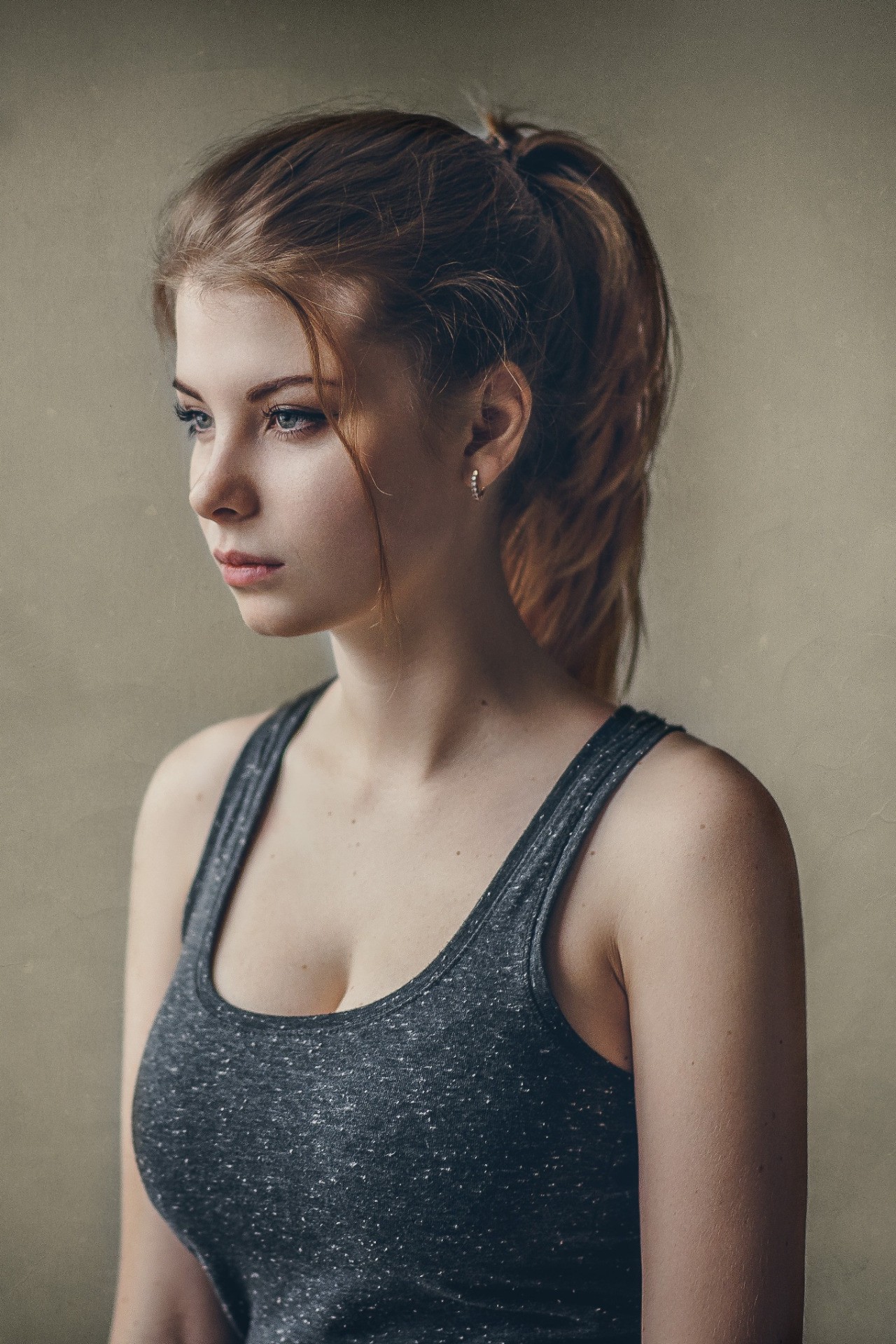 Women Looking Away Blonde Long Hair Ponytail Tank Top Irina Popova Portrait Display Grey Tops Gray E 1280x1920