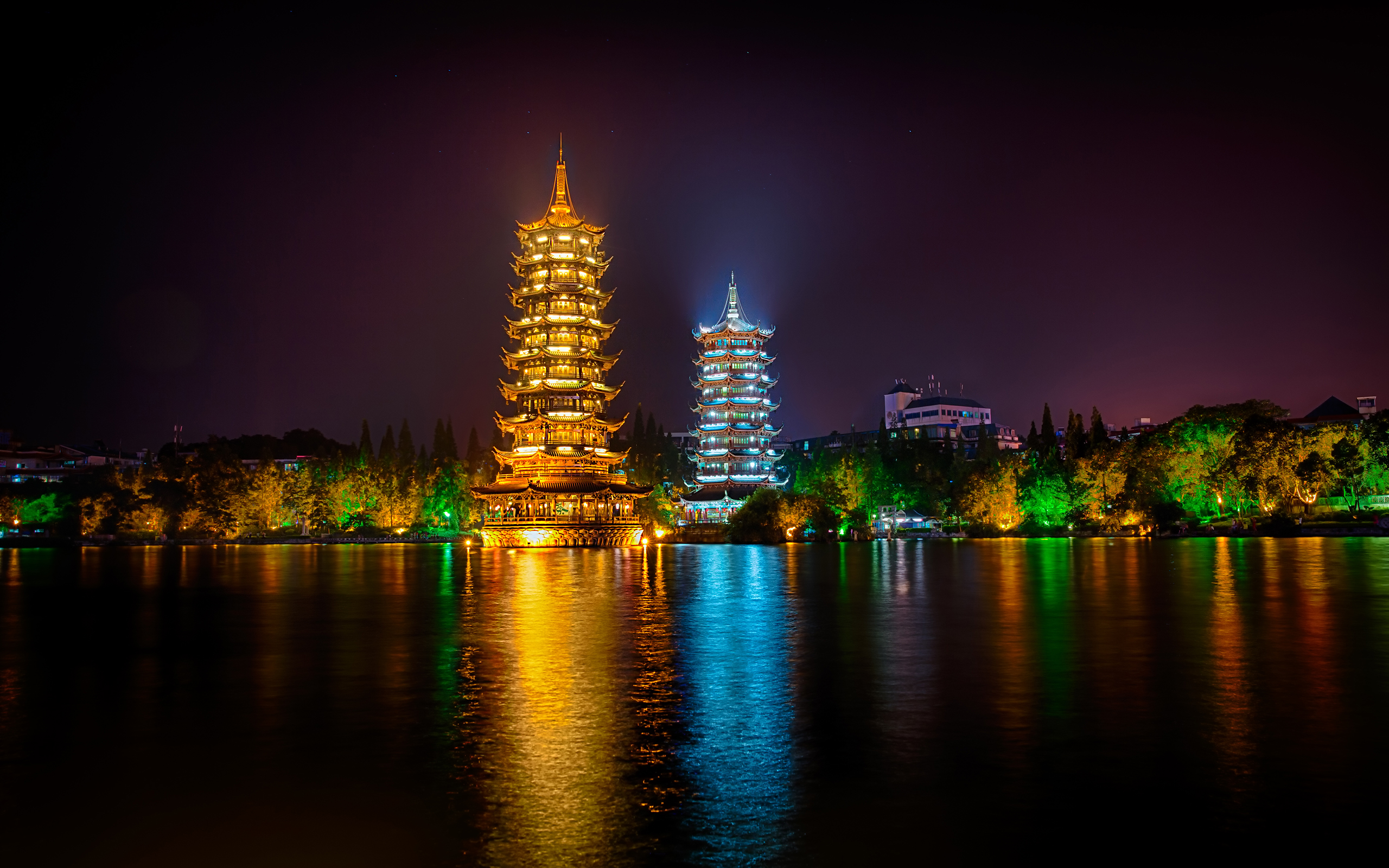 Man Made Pagoda Light Night Reflection 2560x1600