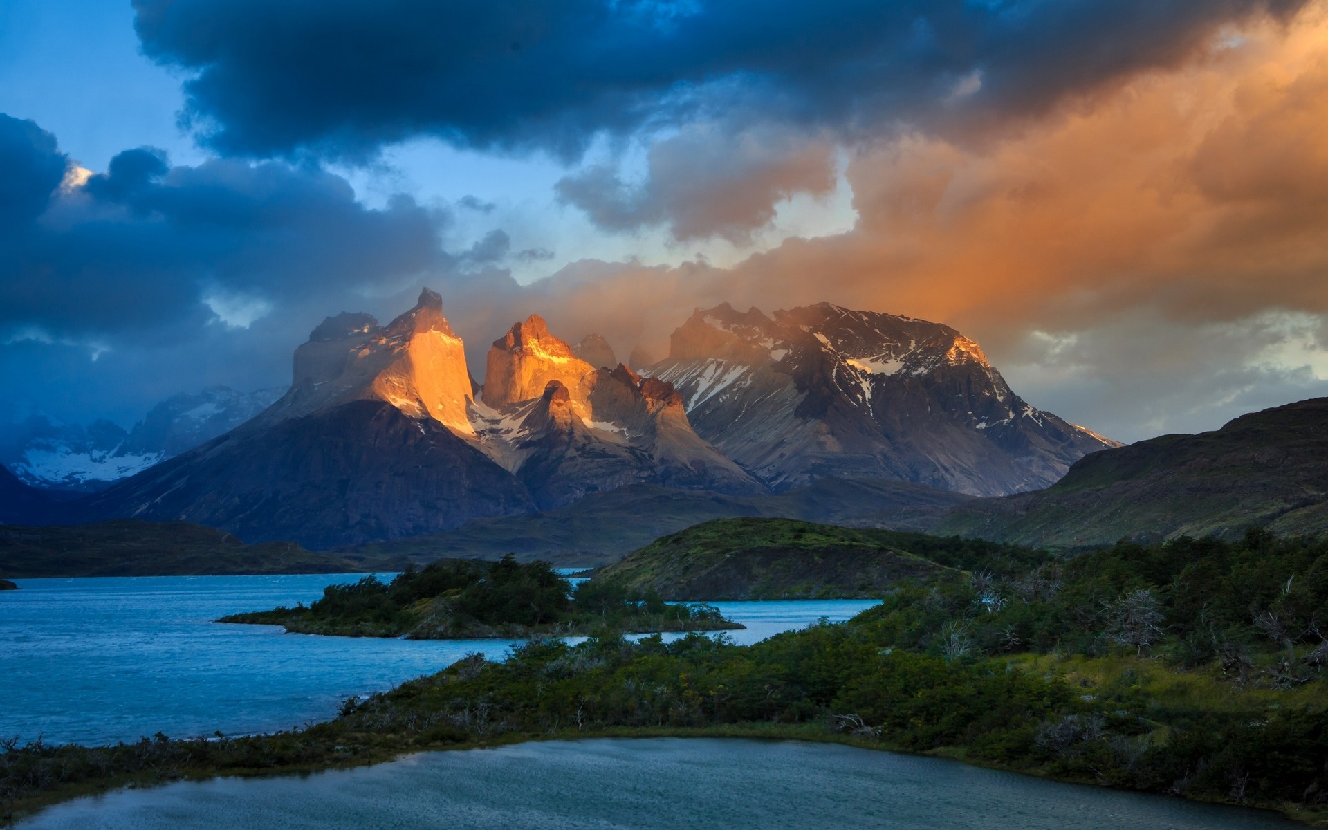 Landscape Nature Mountains Lake Clouds Chile Torres Del Paine Snowy Peak Shrubs Sunlight Trees 1920x1200