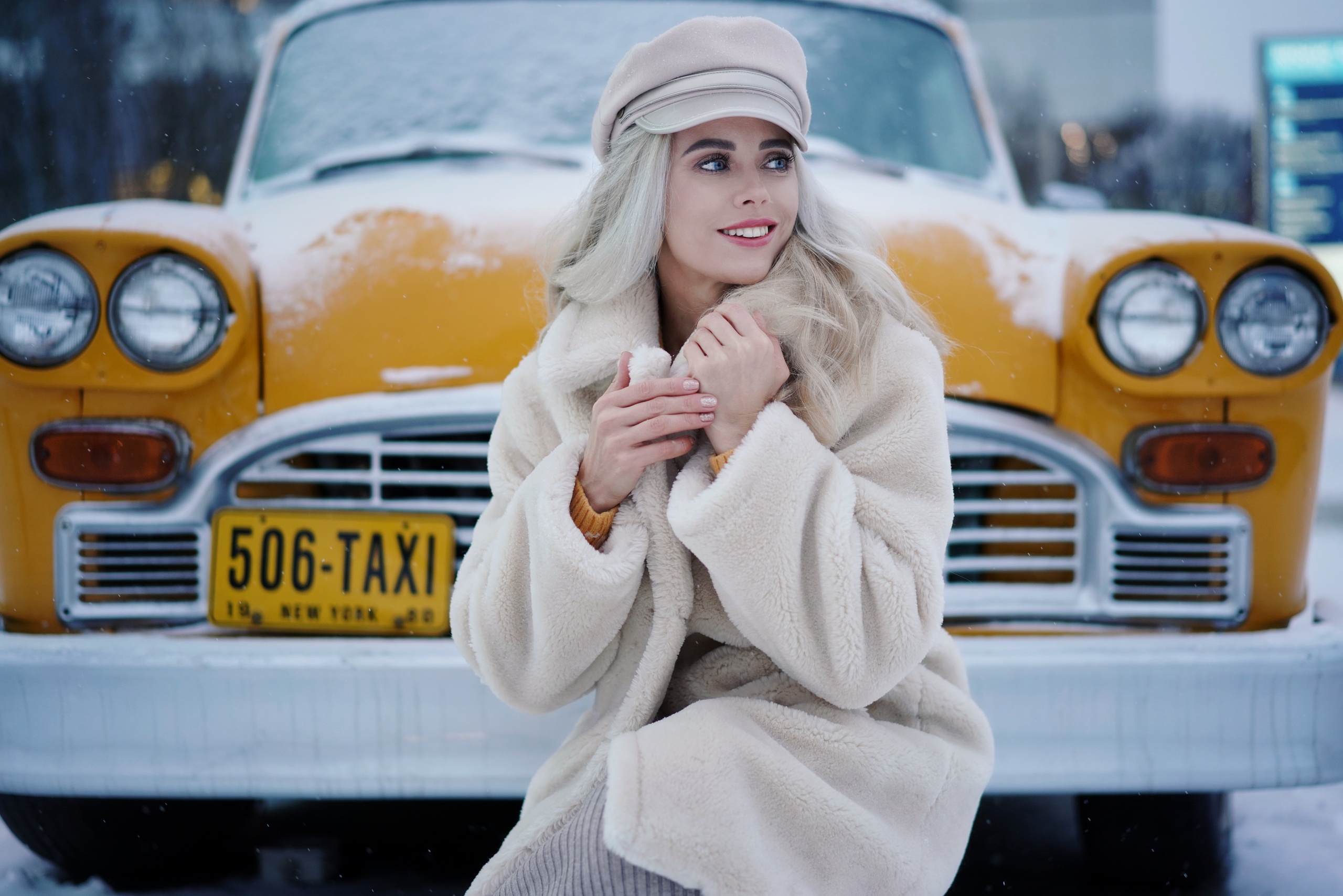 Taxi Sergei Churnosov Numbers Blonde Model Women Women Outdoors Urban Car Yellow Cars Vehicle Happy  2560x1708