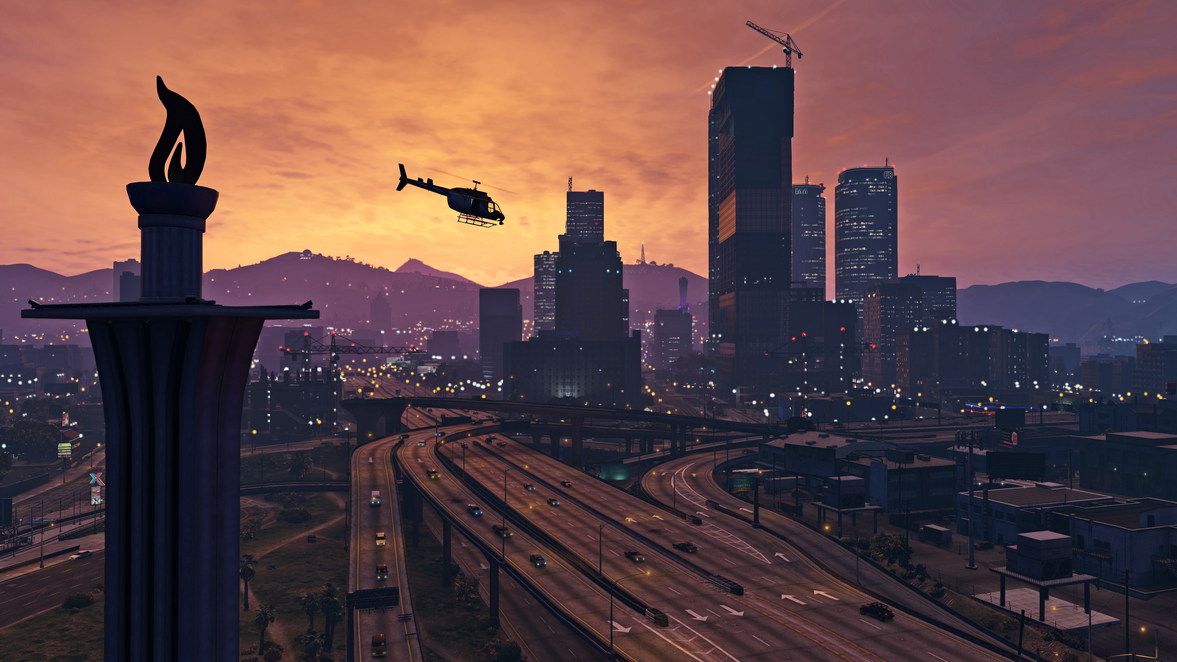 Grand Theft Auto V Video Games PC Gaming City Sunset Freeway 3840x2160