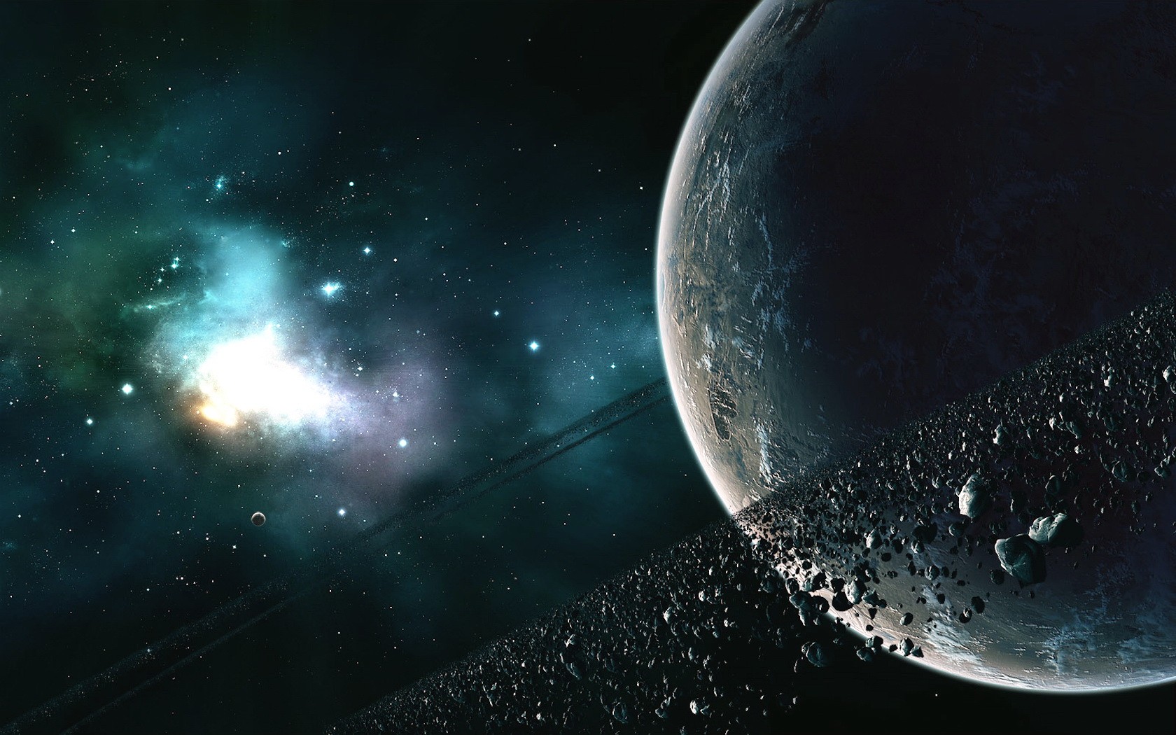 JoeyJazz Spacescapes Space Moon World Asteroid Space Art Planetary Rings Digital Art 1680x1050
