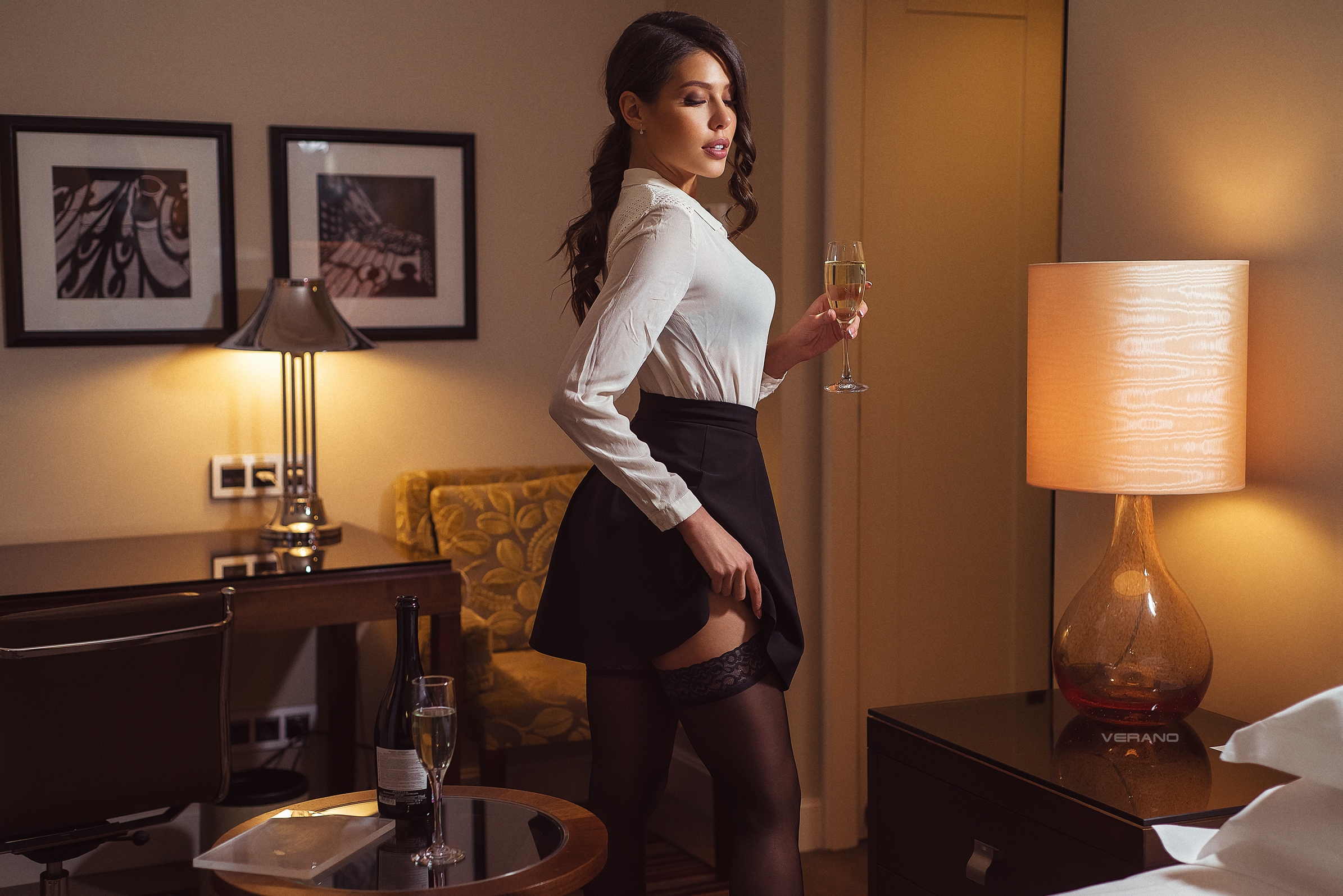 Women Model Brunette Long Hair Ponytail Drinking Glass Champagne Lamp Picture Frames Shirt Skirt Bla 2390x1595