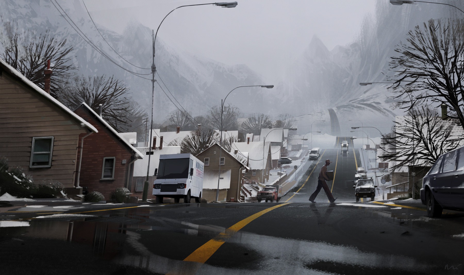 Mountains Mist Snow Wet Street 1800x1069
