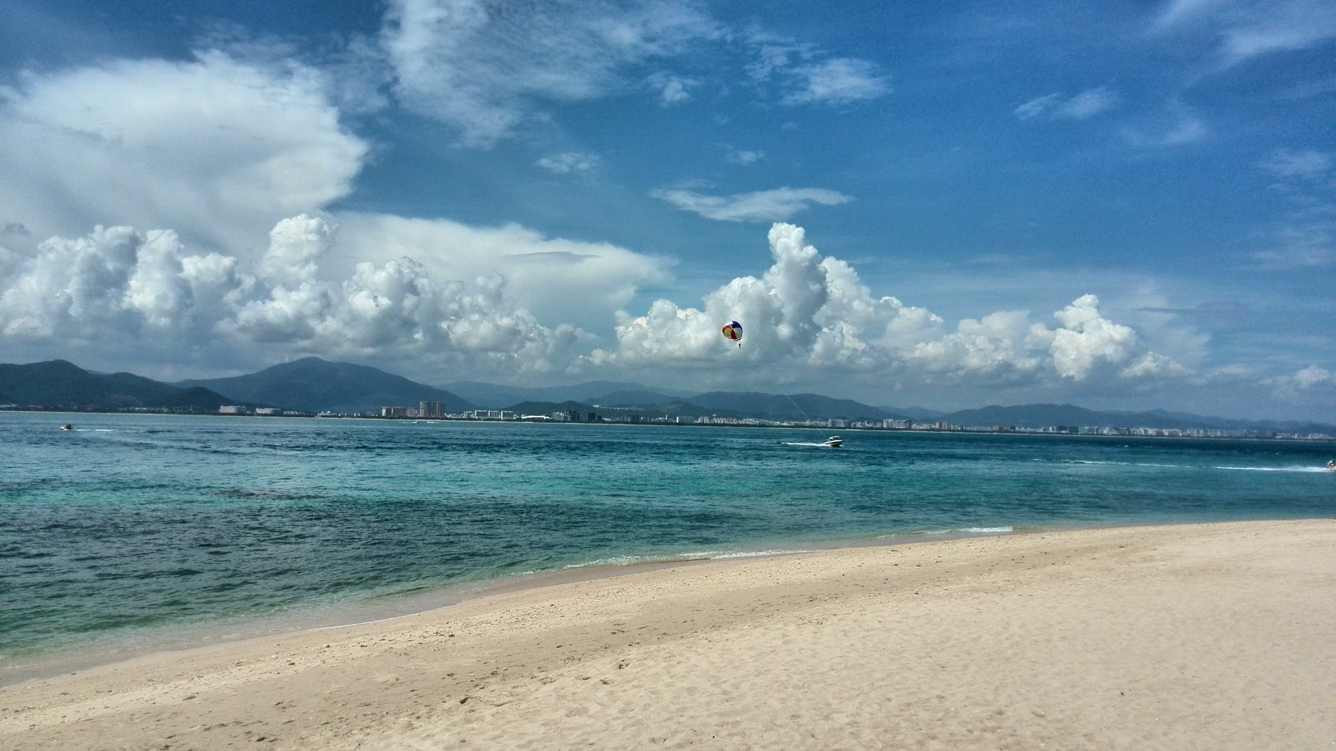 Sea Beach Landscape Mountains Parachutes 1920x1080