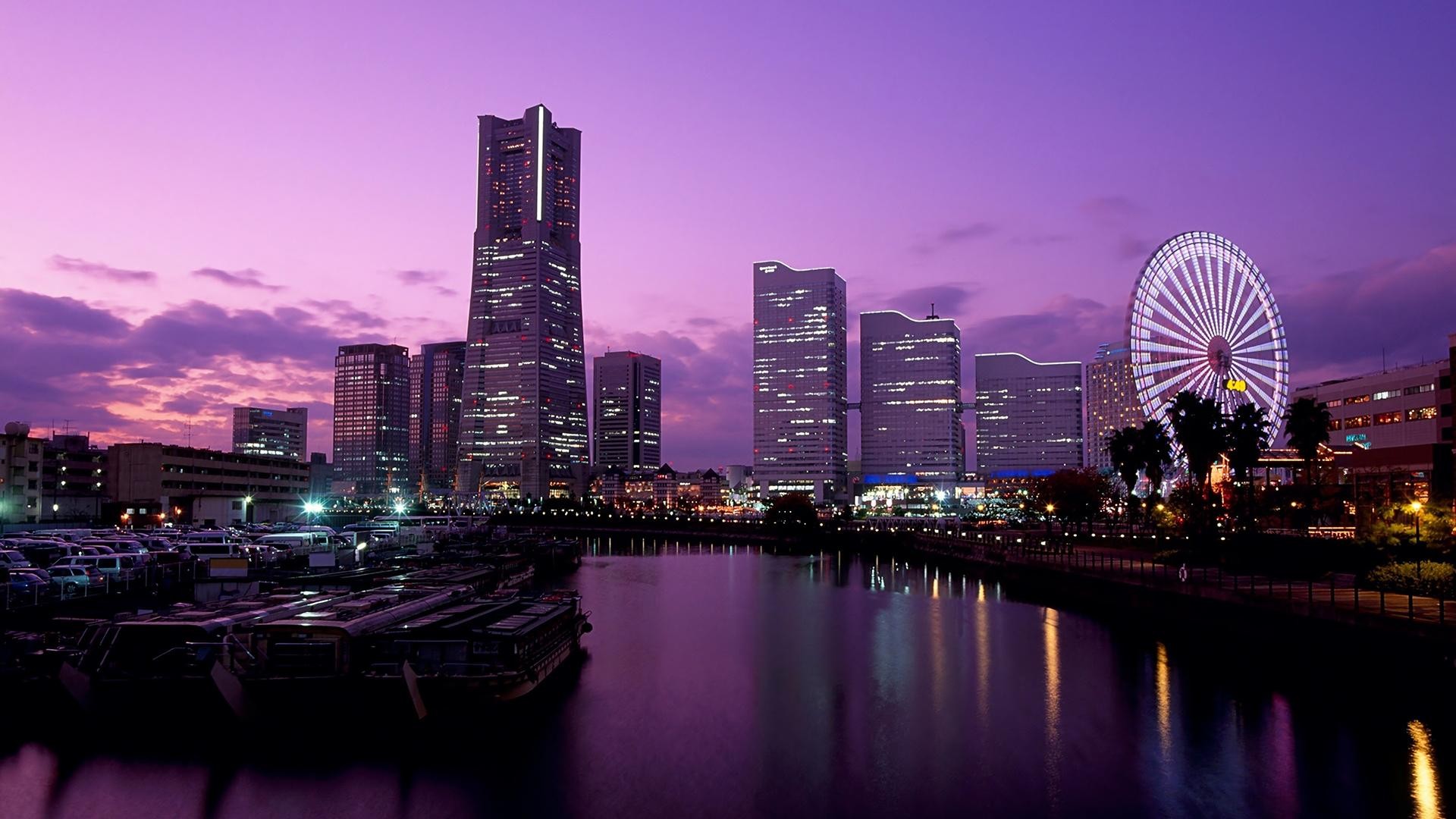 Cityscape City Ferris Wheel Sunset Purple Sky Yokohama Japan 1920x1080