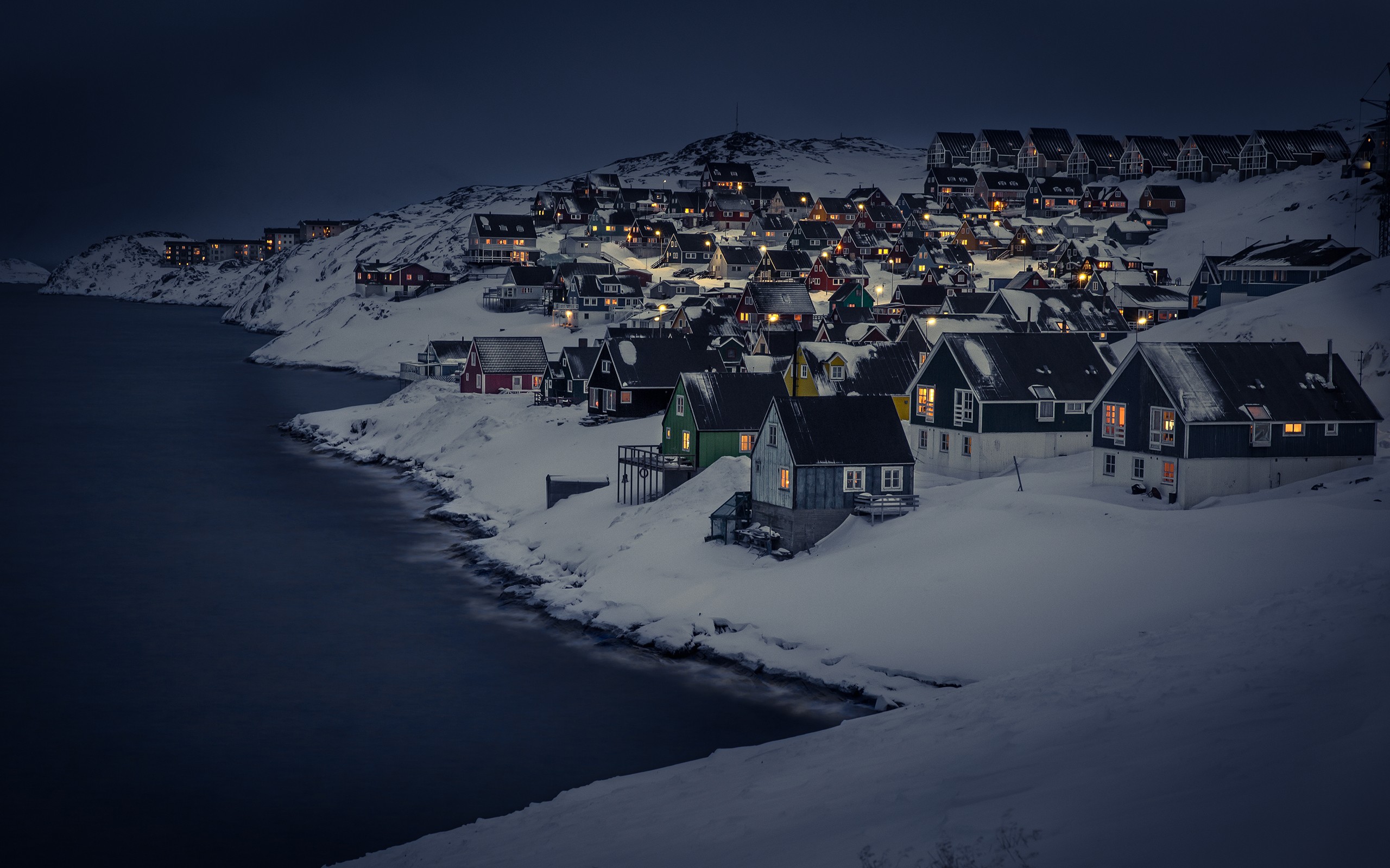 Winter Snow Sea Landscape House Lights Night City Greenland 2560x1600