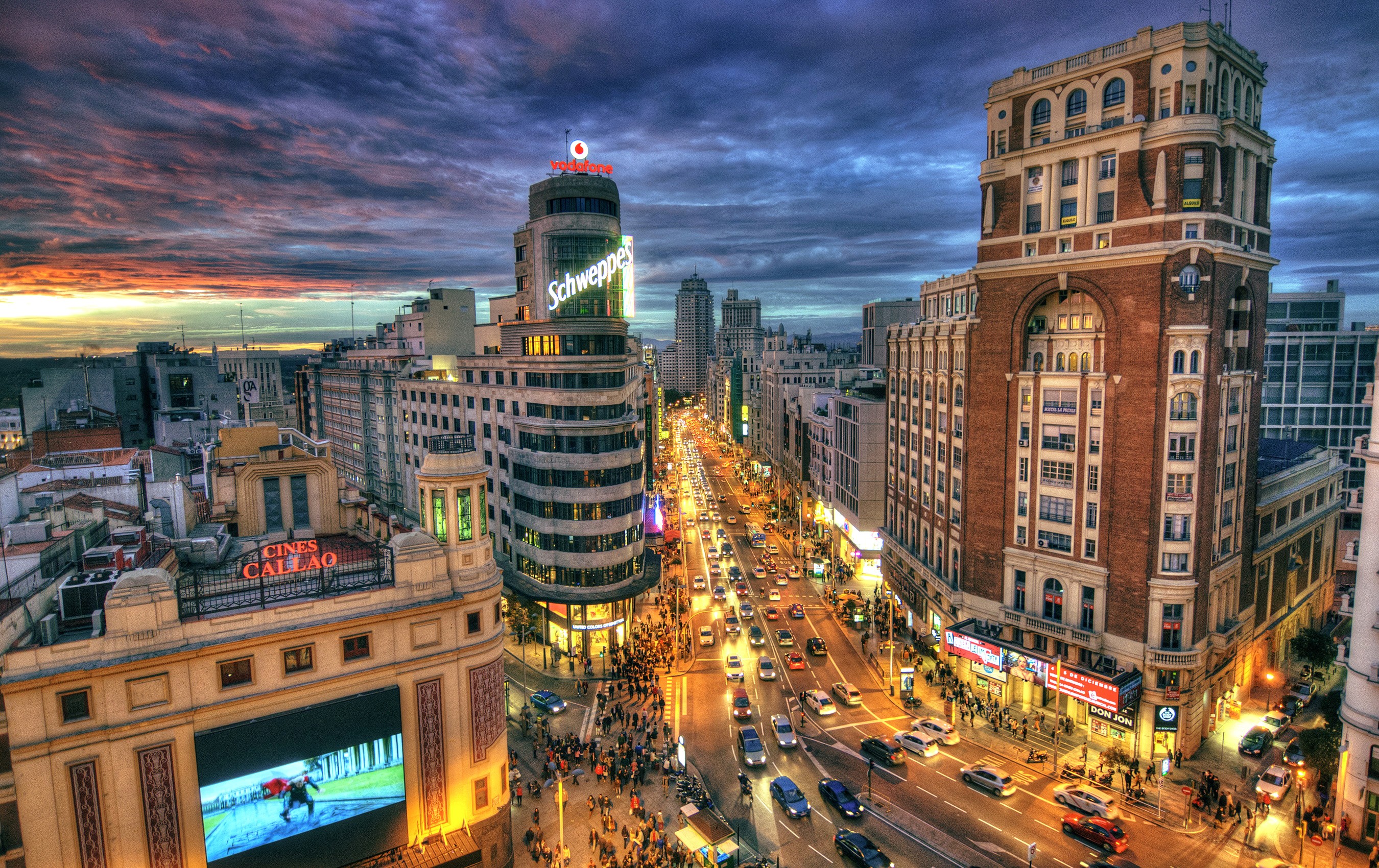 Road Sky Clouds Sunset Lights Evening Spain Street Madrid Cityscape HDR 2700x1700