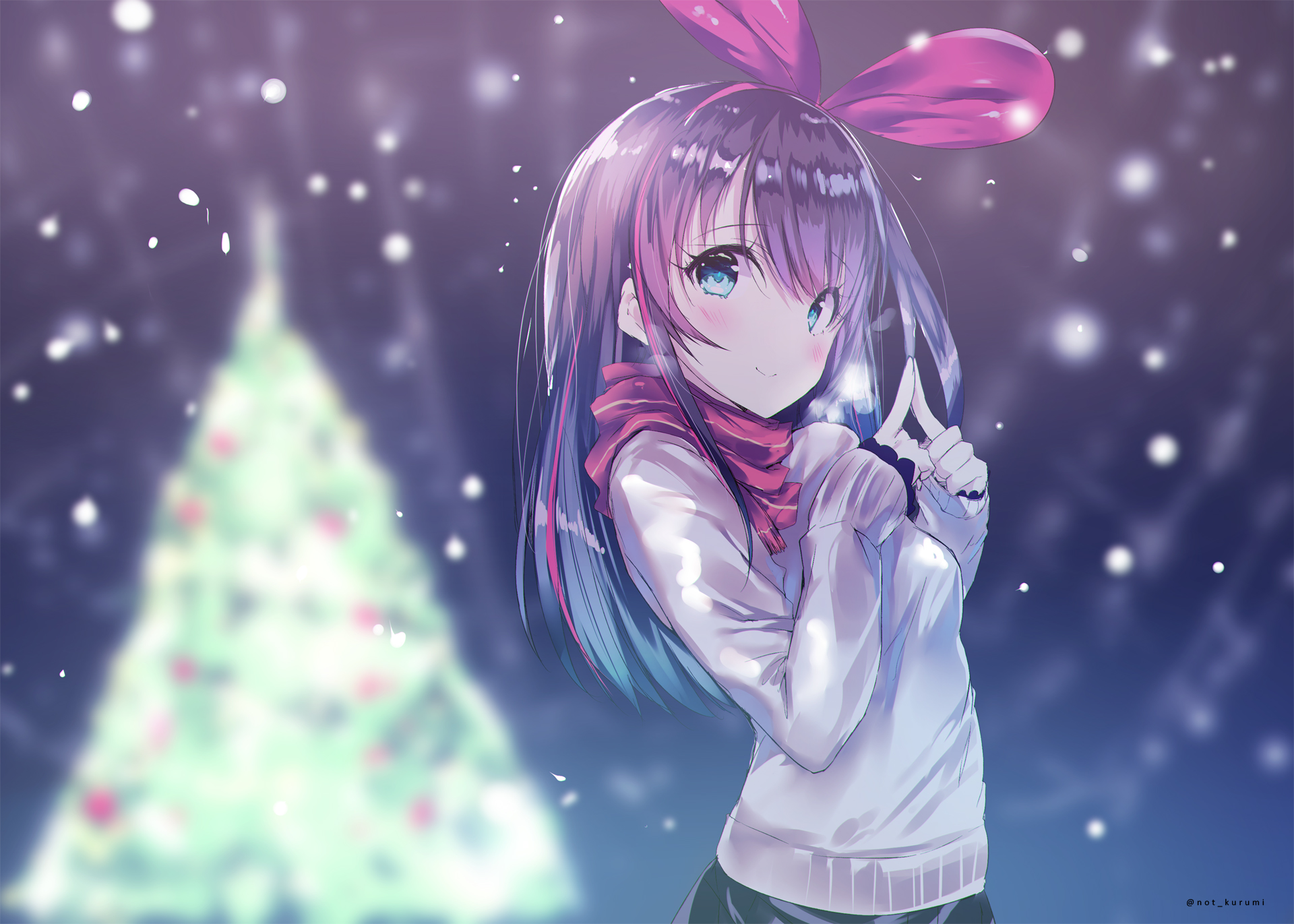 Anime Anime Girls White Skin Kizuna Ai Winter YouTube Christmas Dark Hair Snow Blue Eyes Pink Ribbon 1920x1371