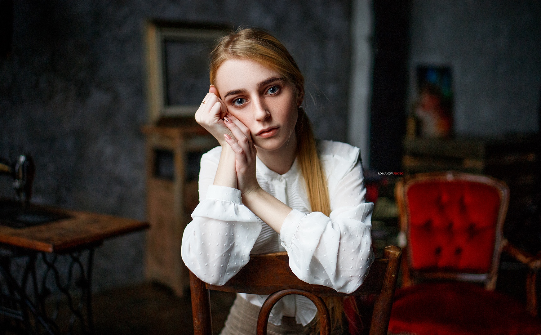 Women Model Blonde Ponytail Looking At Viewer Face Touching Face Blouses Sitting Depth Of Field Indo 1745x1080