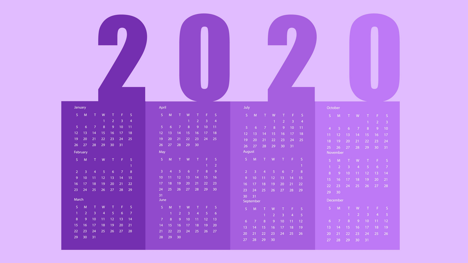 Calendar 2020 Year Numbers Month Purple Minimalism Simple Background 1920x1080