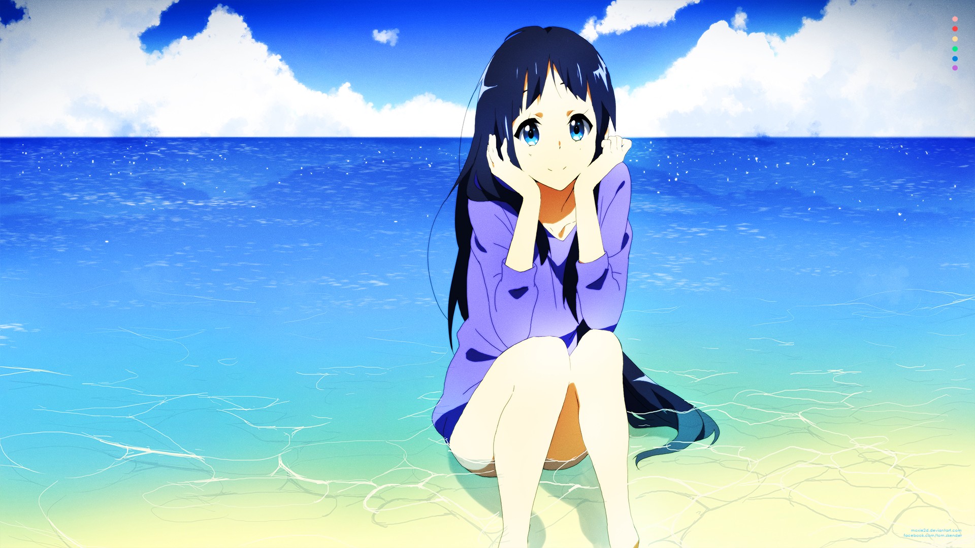 Tom Skender Original Characters Anime Girls Blue Eyes Black Hair Long Hair Beach Sitting Water 1920x1080
