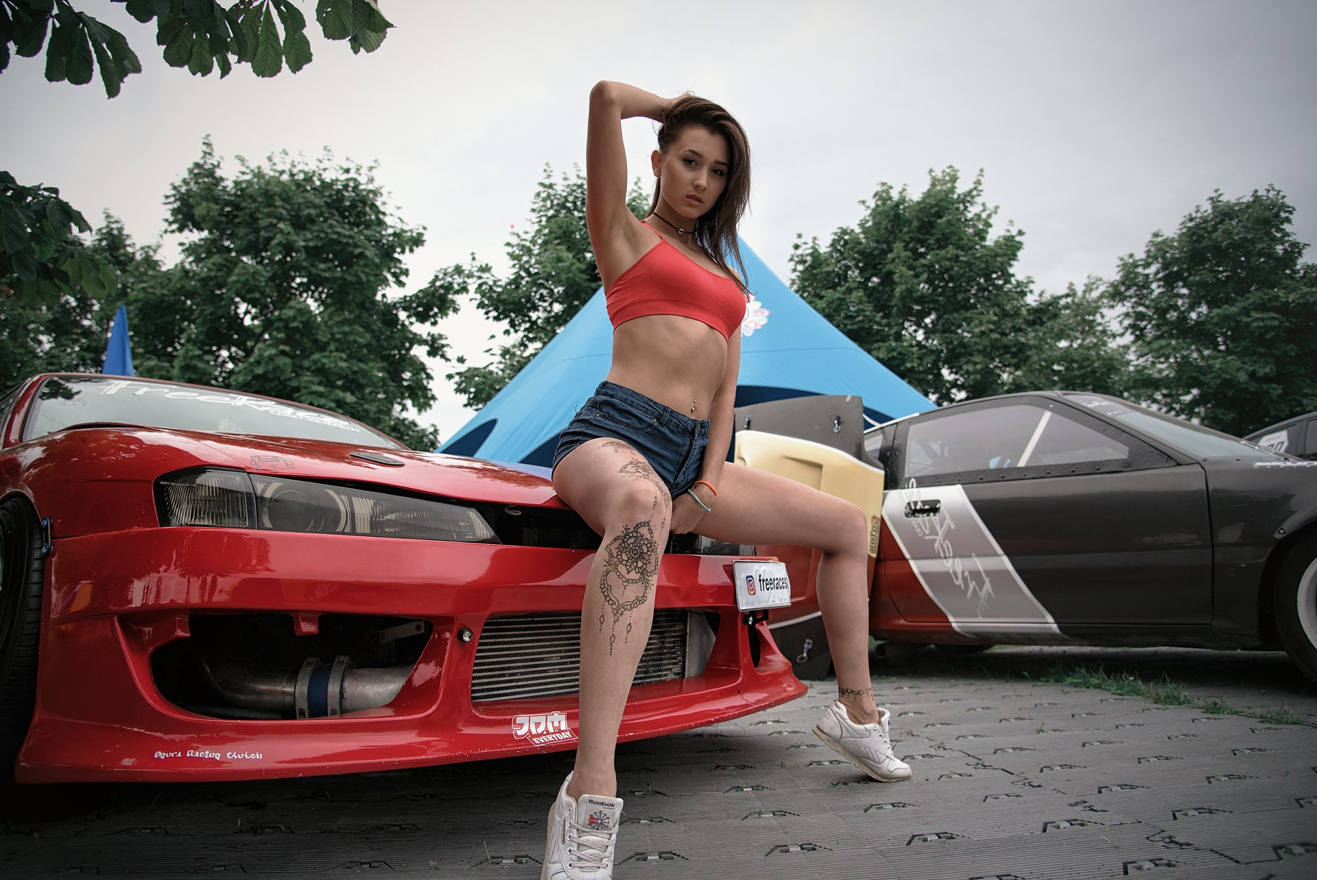 Women Tanned Red Tops Tattoo Car Women Outdoors Sneakers Sitting Armpits Inna Kuznetsova 1920x1282