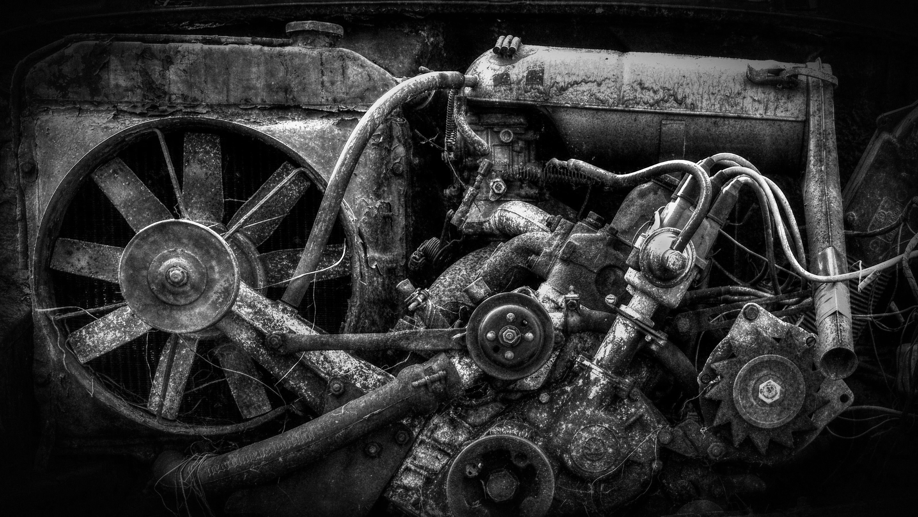 Black Background Engines Gears Technology Wheels Pipes Fans Metal Monochrome Rust Vehicle Wreck Hist 3199x1800
