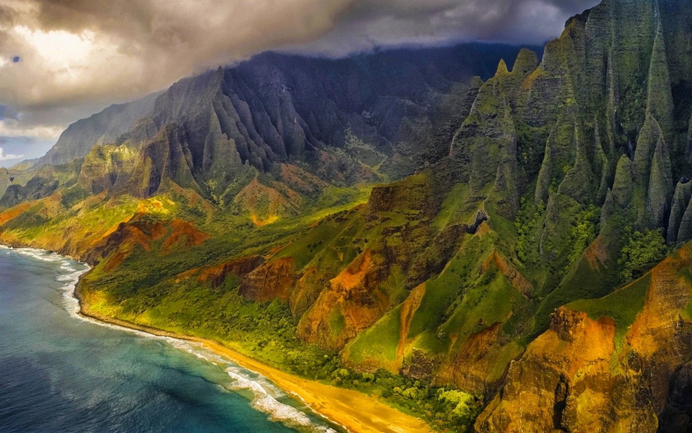 Nature Landscape Aerial View Mountains Beach Sea Cliff Clouds Coast Island Kauai Hawaii 1400x875