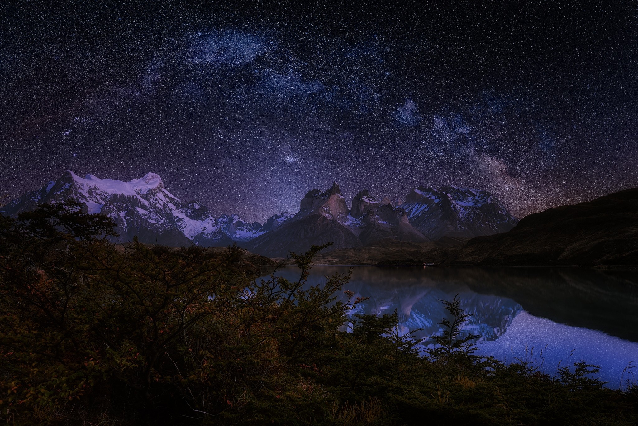 Photography Nature Landscape Mountains Lake Trees Shrubs Snowy Peak Starry Night Milky Way Galaxy Lo 2048x1367