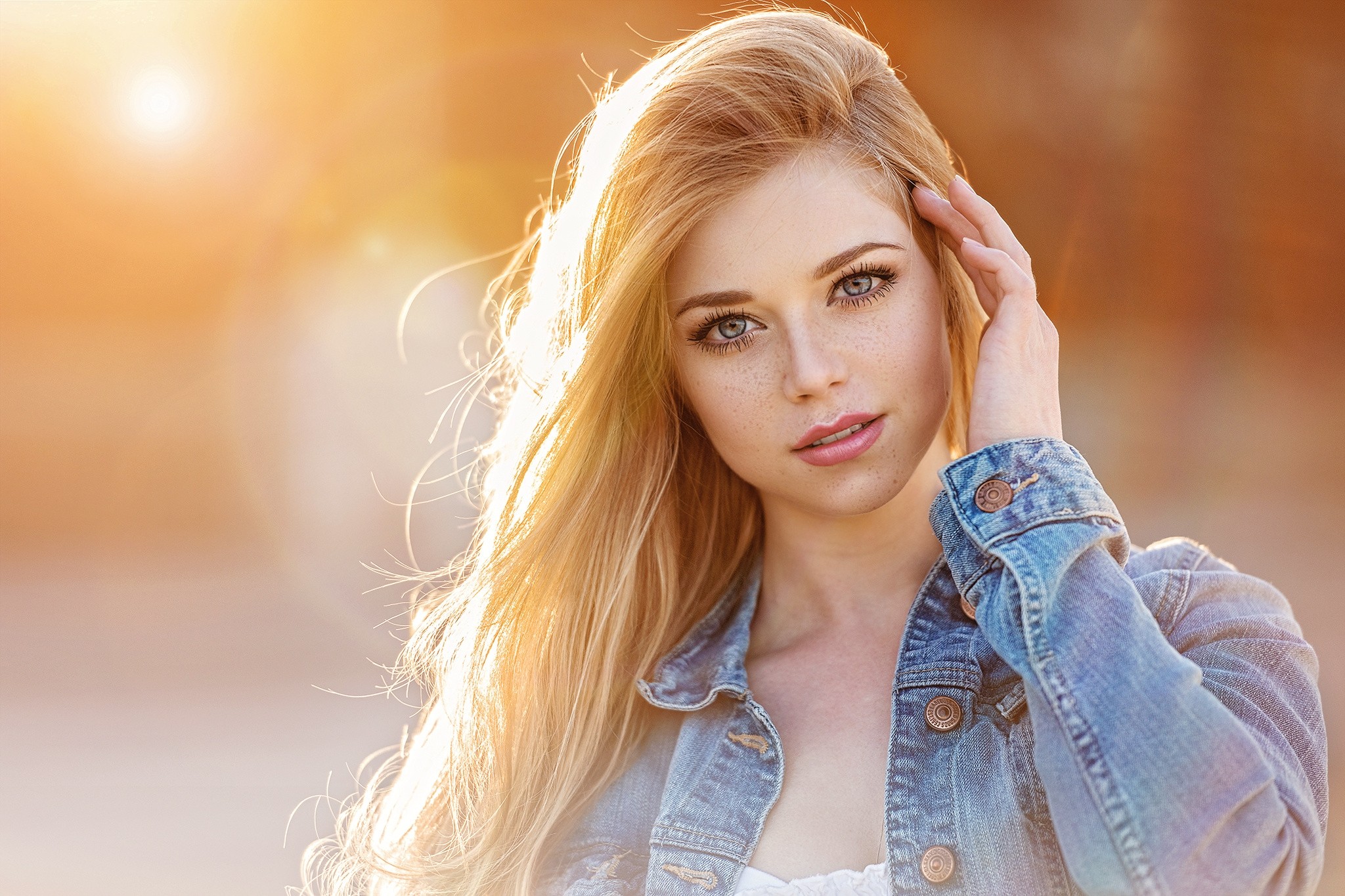 Women Blonde Freckles Portrait Denim Depth Of Field Mark Prinz Yvonne Michel Touching Hair Jeans Jac 2048x1365