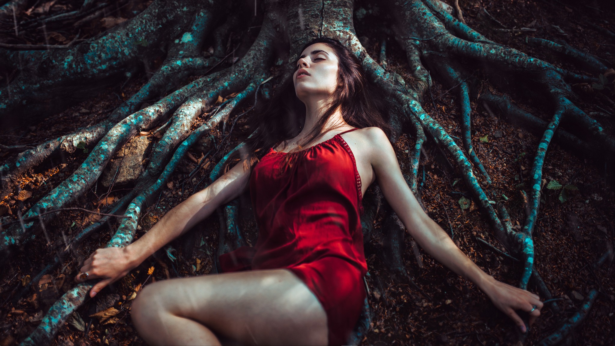 Women Model Gustavo Terzaghi Long Hair Brunette Dress Lying Down Roots Trees Legs Closed Eyes Red Dr 2048x1152