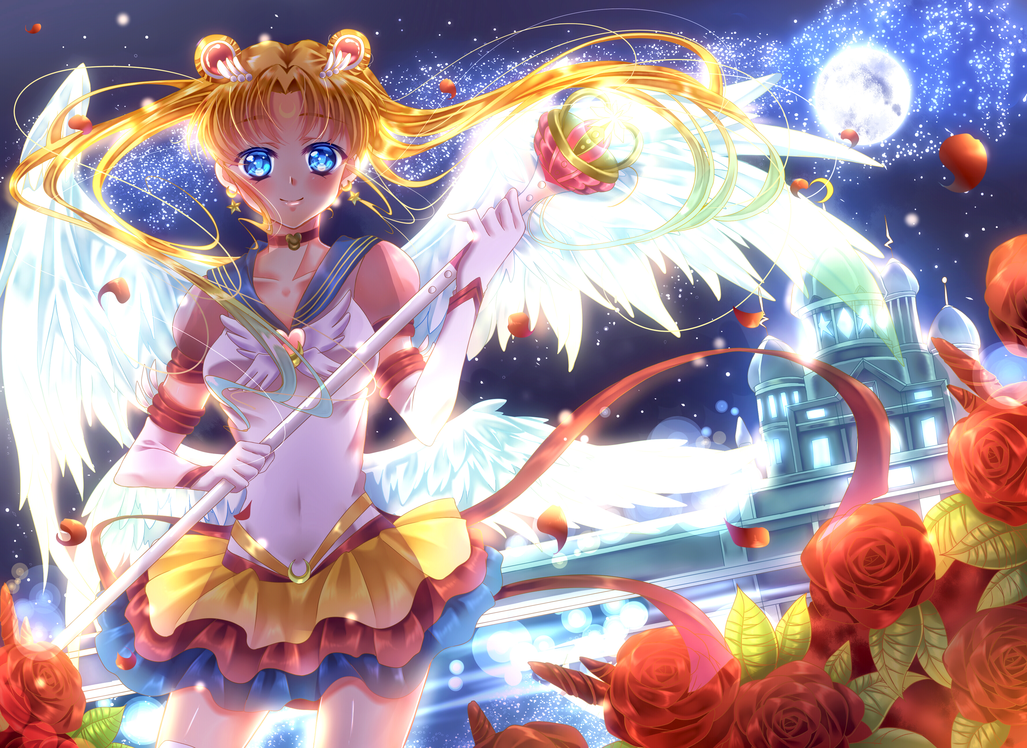 Usagi Tsukino Sailor Moon Long Hair Blonde Wings Blue Eyes Smile Blush Staff Moon Flower Night Rose  3541x2580