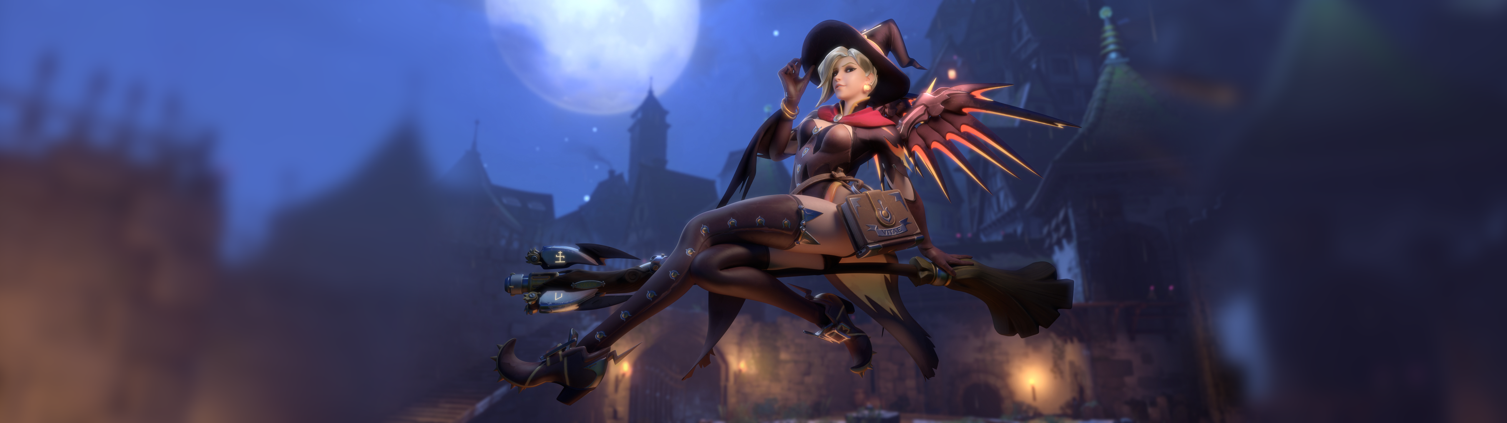 Witch Mercy Mercy Overwatch Overwatch Halloween Witch Thigh Highs Broom Witches Broom Night Moonligh 5120x1440