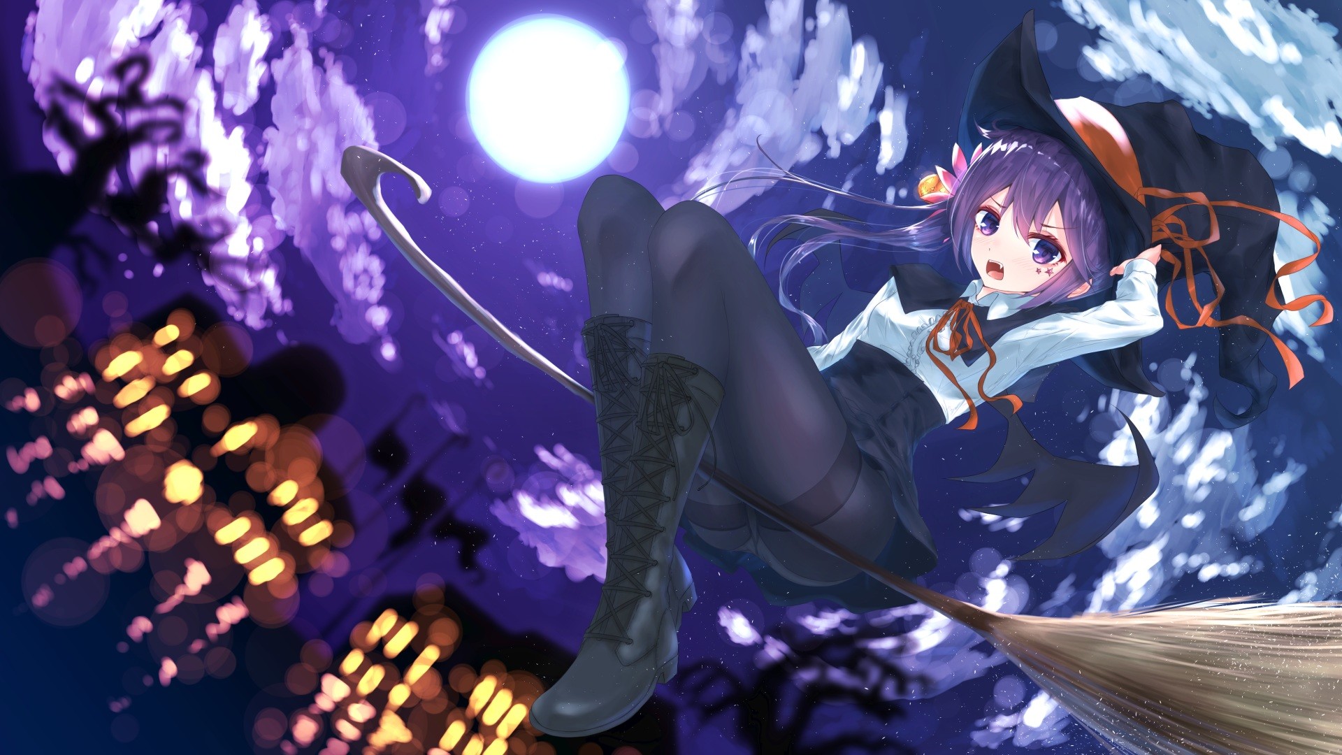 Halloween Witch Hat Witch Blushing Boots Bow Building Fangs Long Hair Moon Ponytail Ribbon Stars Win 1920x1080