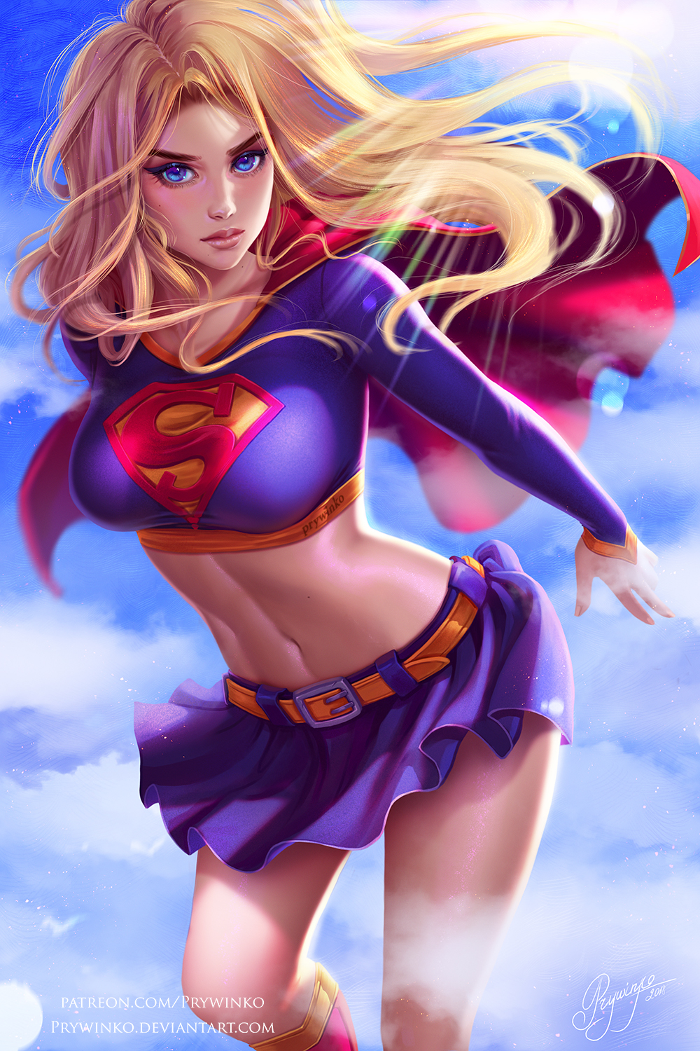 Prywinko Drawing Women Supergirl Blonde Long Hair Wind Blue Eyes Blouse Blue Clothing Skirt Belt Fly 1000x1500