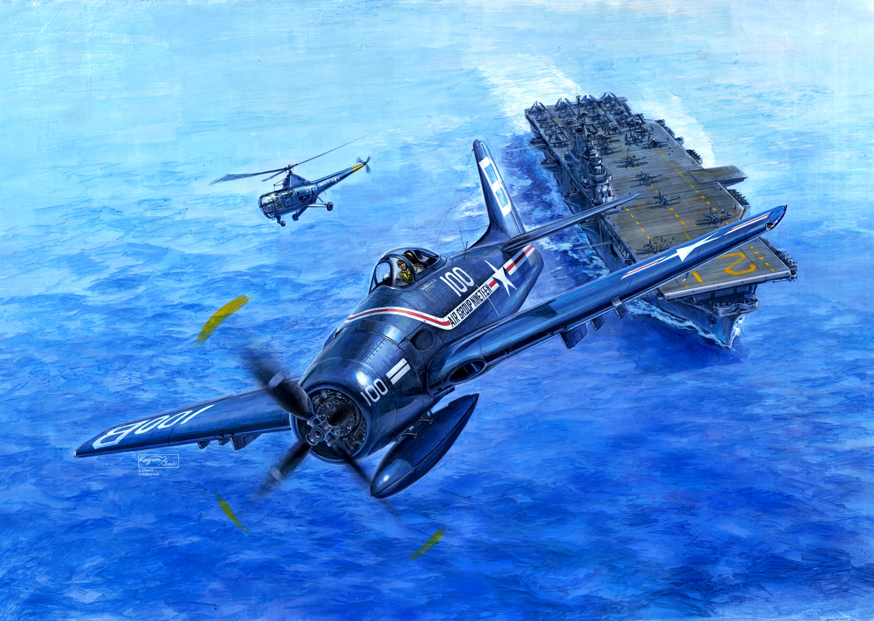 War Vehicle Aircraft Aircraft Carrier Artwork Grumman F8F Bearcat Sikorsky H 5 Warbird 2800x1990