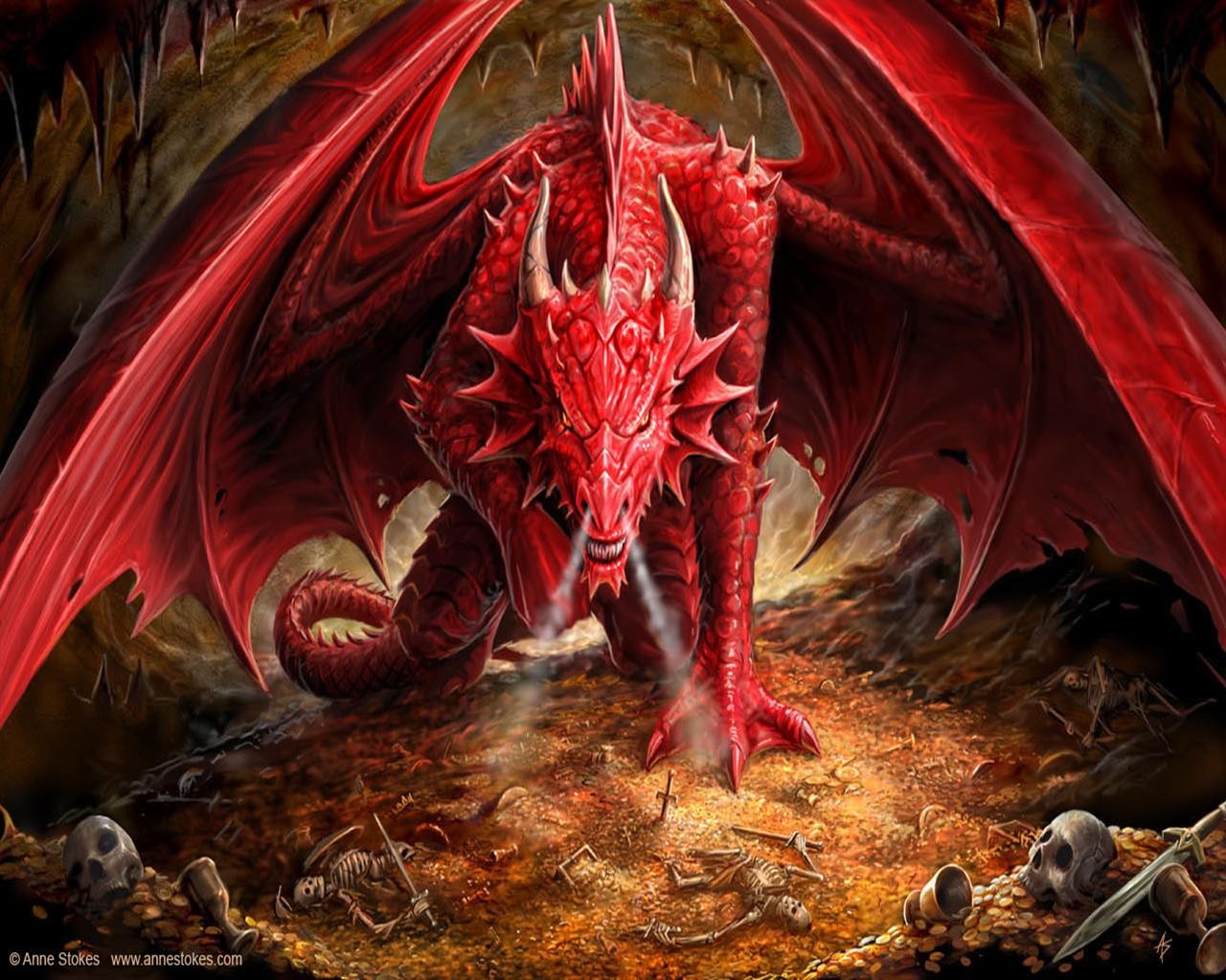 Dragon Digital Art Fantasy Art Anne Stokes Angry Skull Skeleton Sword Cave Coins 1280x1024
