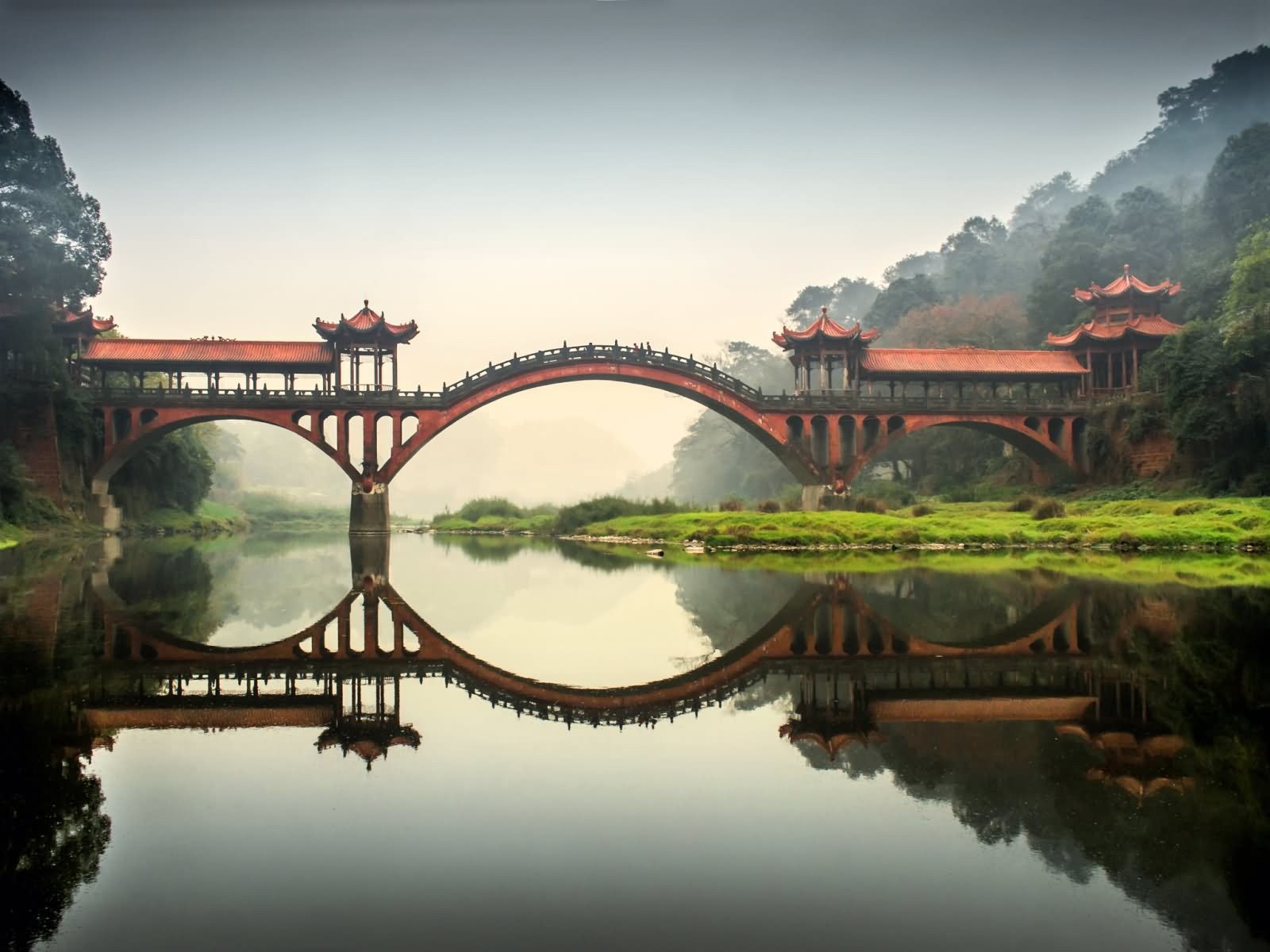 Bridge Reflection Landscape China Sichuan 1600x1200