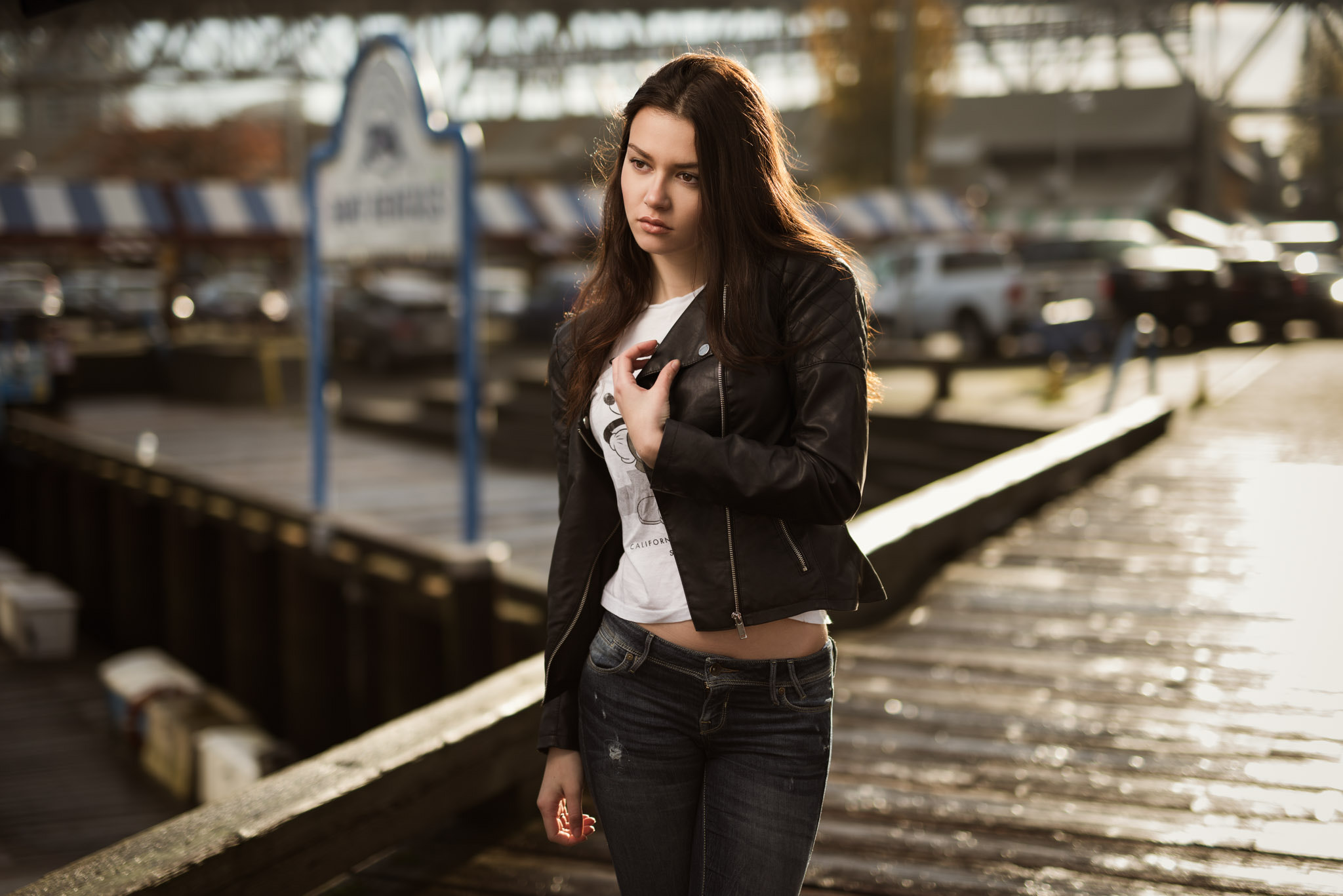 Women Kyle Cong Brunette Brown Eyes Leather Jackets Denim Jeans Black Jackets White T Shirt Public J 2048x1367