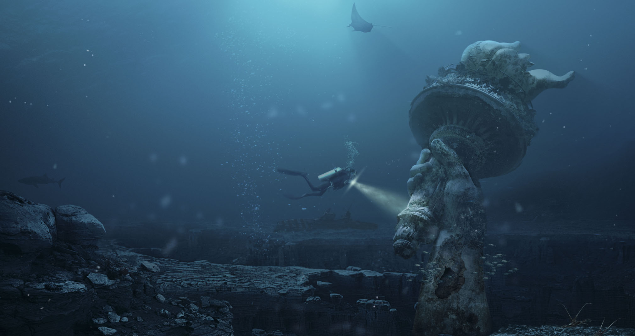 Underwater Water Sea Fish Divers Statue Of Liberty Rock Apocalyptic Photoshop Bubbles Lights 2020x1070