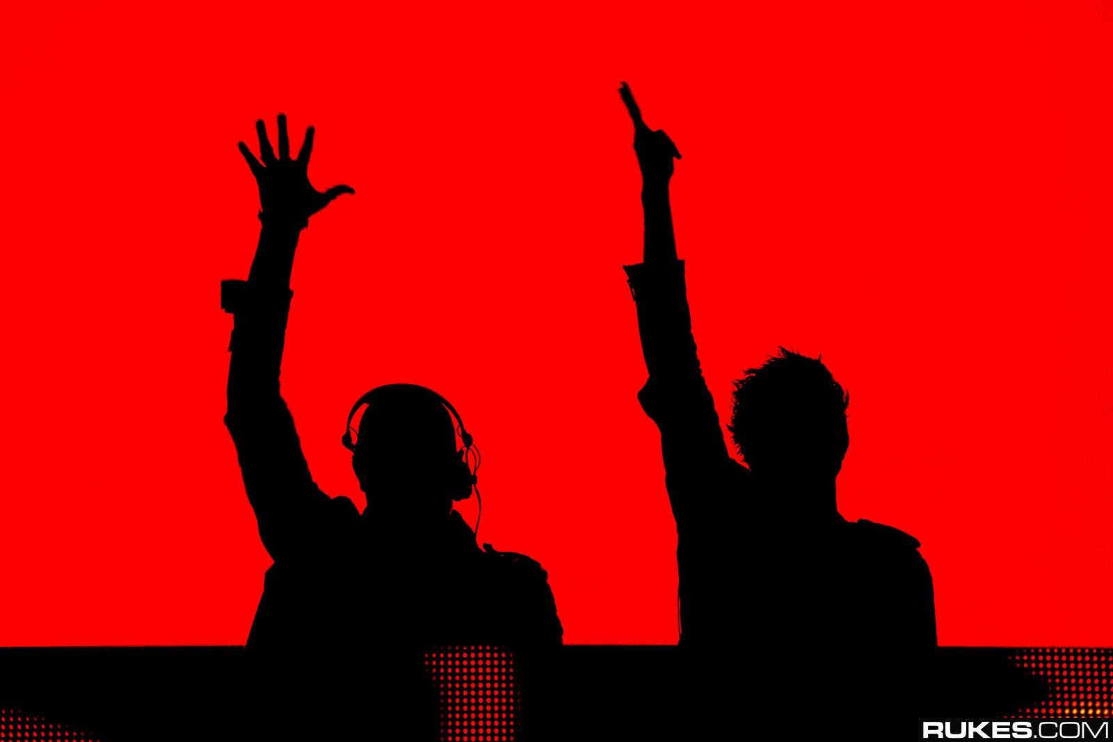 Red Background Men Arms Up Headphones Digital Art Knife Party Rukes Red 1600x1067