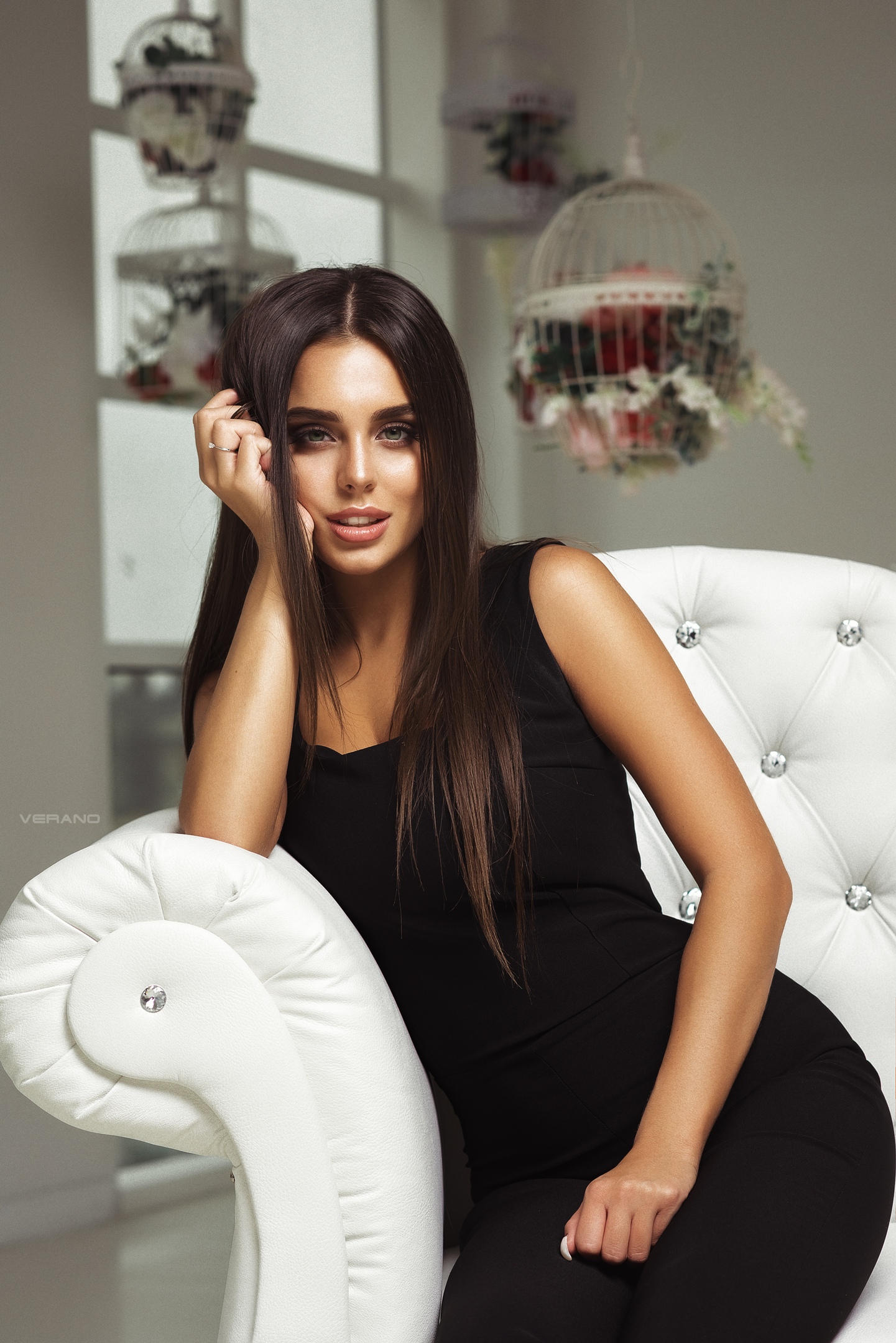 Nikolas Verano Portrait Women Brunette Black Clothing Couch Black Dress Anastasiya Leonova 1441x2160
