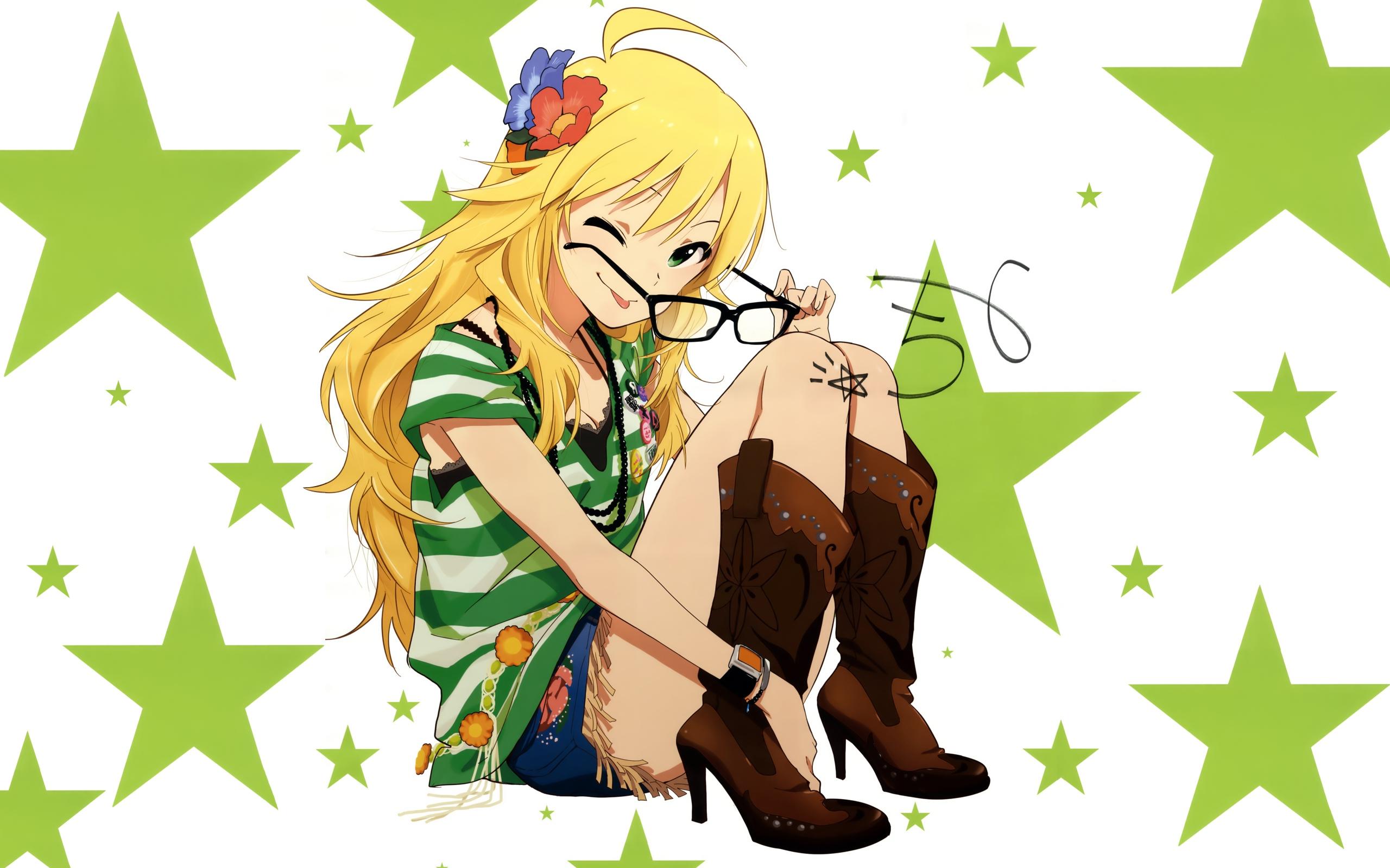 Hoshii Miki THE IDOLM STER Anime Anime Girls Blonde Long Hair Glasses Flower In Hair Sitting Stars 2560x1600