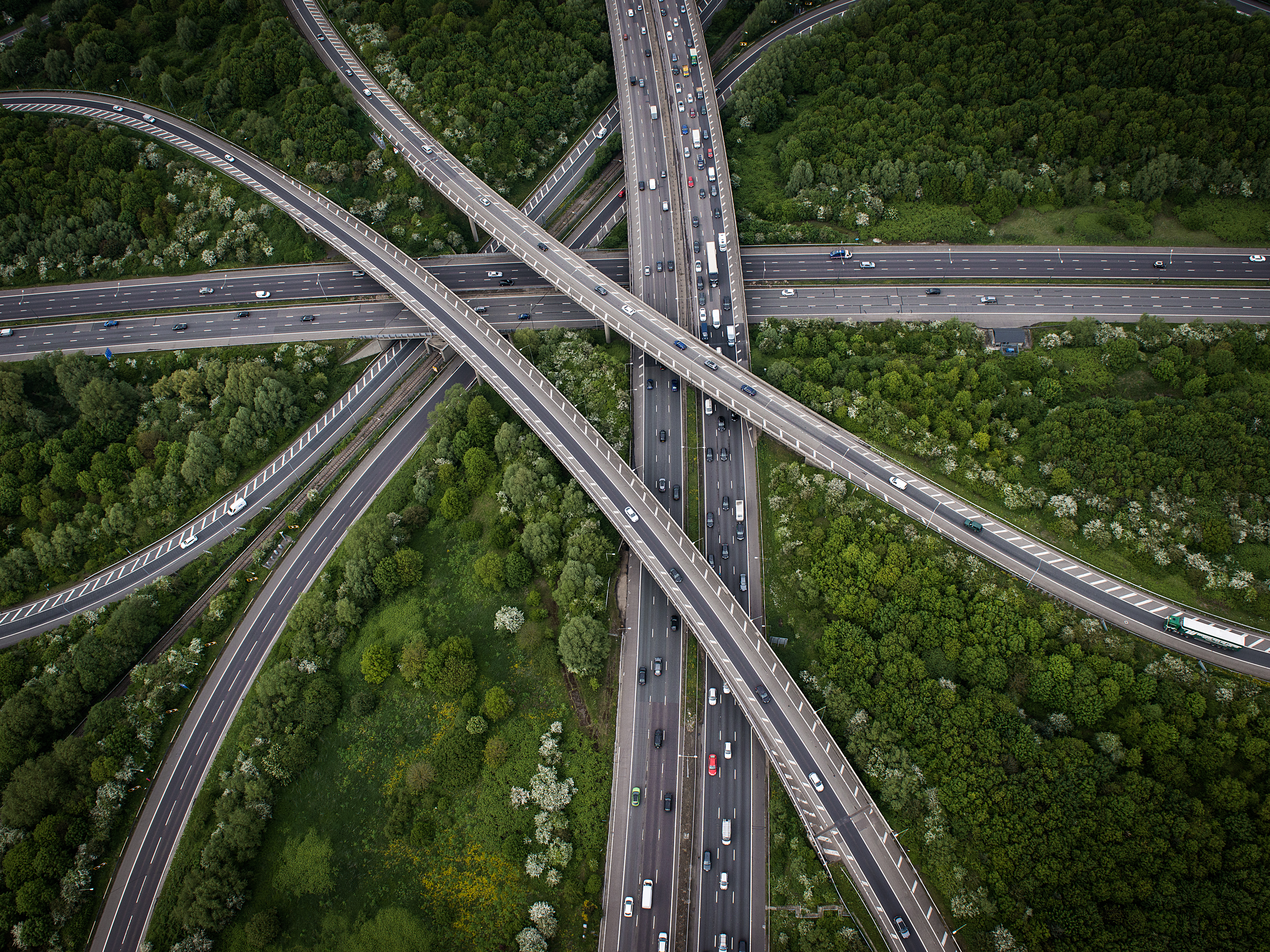 Birds Eye View Crossroads Highway Overpass Viaduct Top View Traffic Drone Photo Trees 5464x4096