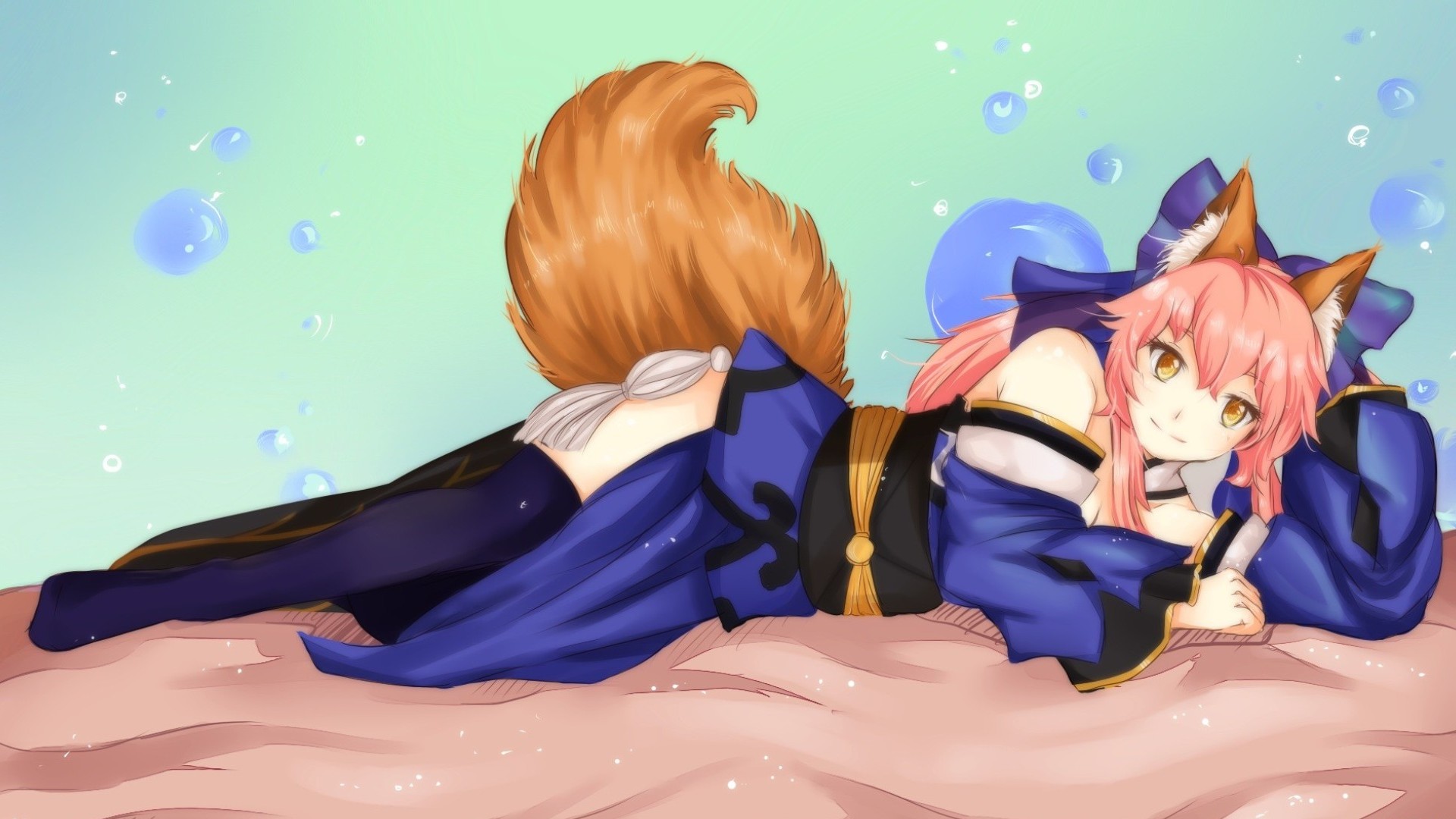 Fate Stay Night Girl Dress Caster Fate Extra Anime Lying Down Smile Tail Animal Ears Thigh Highs Kim 1920x1080