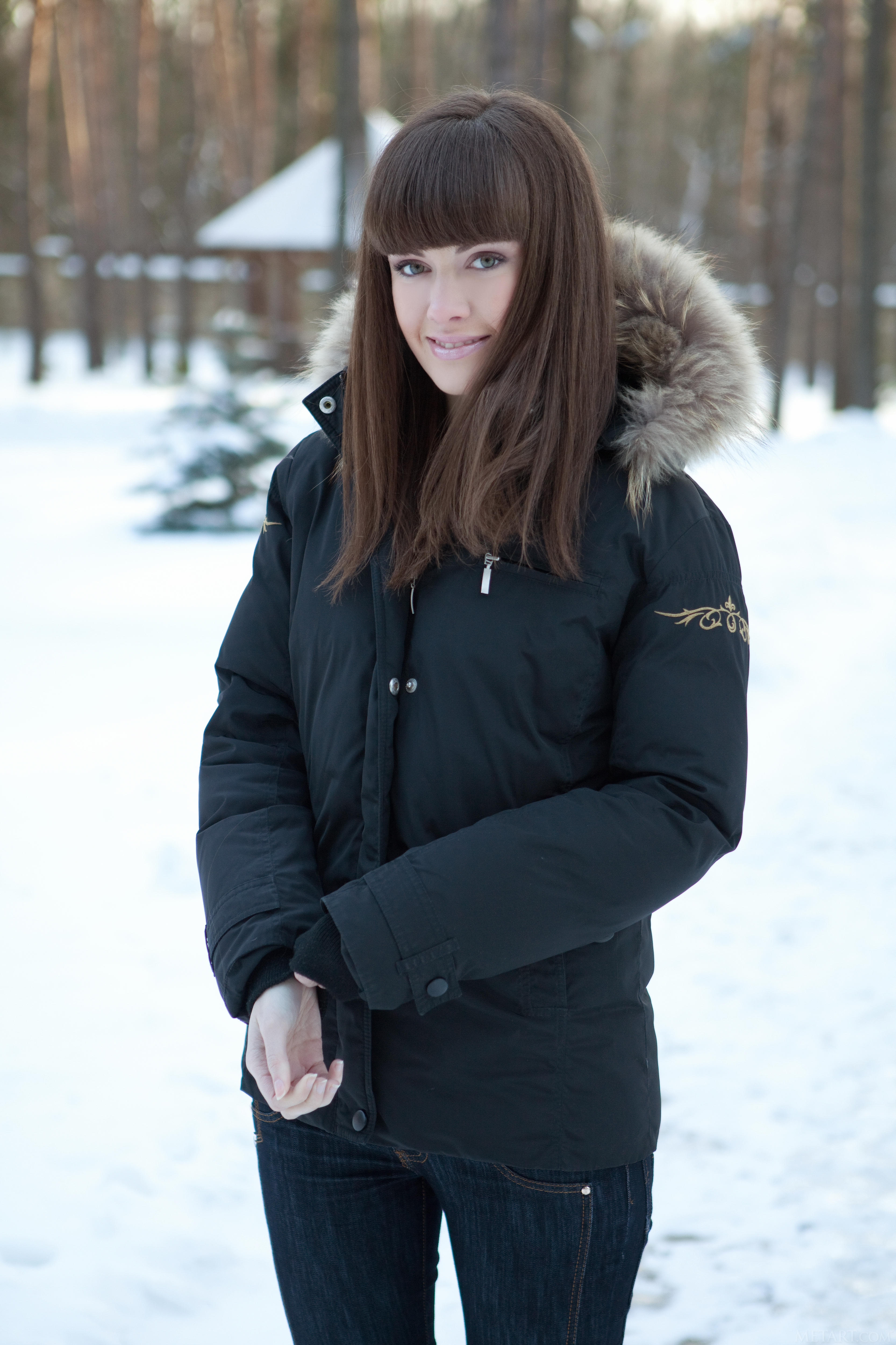 Women Model Black Jackets Brunette Jeans Smiling Women Outdoors Winter Snow Jacket Fringe Hair 3333x5000