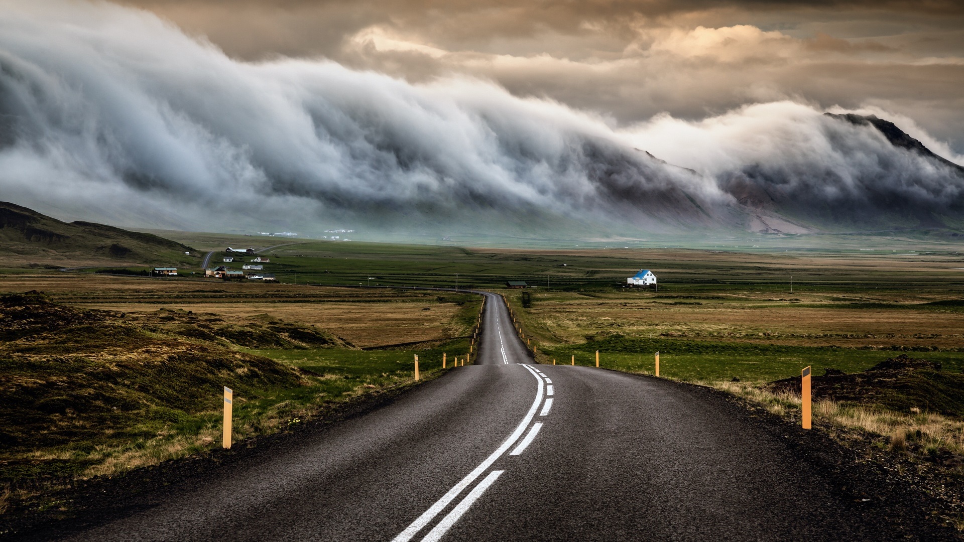 Road Clouds Grass Nature House Building Asphalt Sky Hills Field Road Sign Mountains Photography 1920x1080