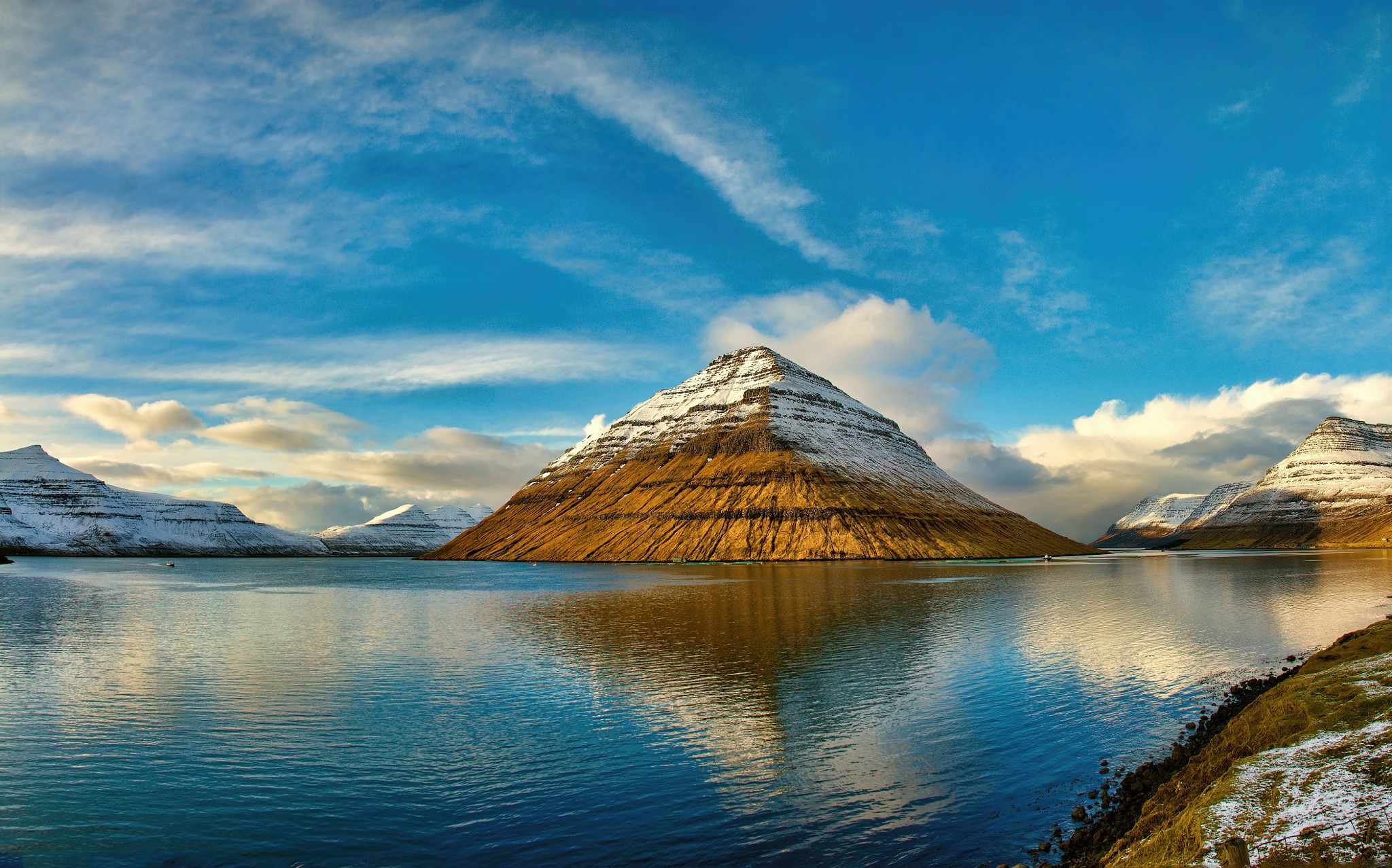 Faroe Islands Nature Sky Clouds Water Snow Reflection 2048x1278
