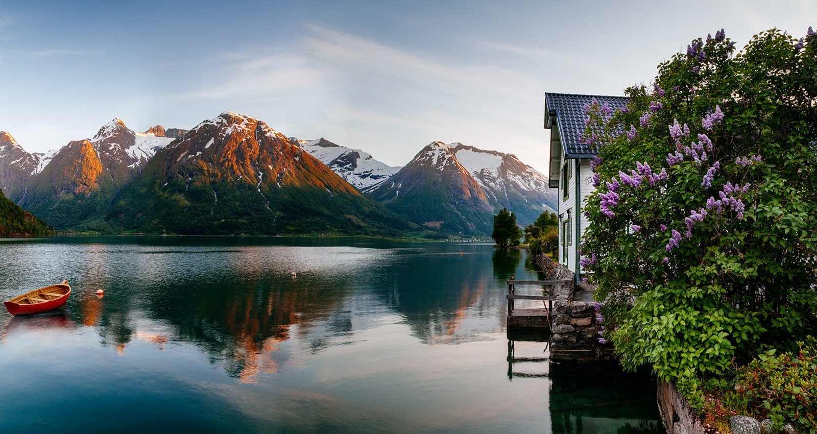 Spring Fjord Norway Mountains House Flowers Snowy Peak Boat Sea Reflection Nature Landscape 1600x850
