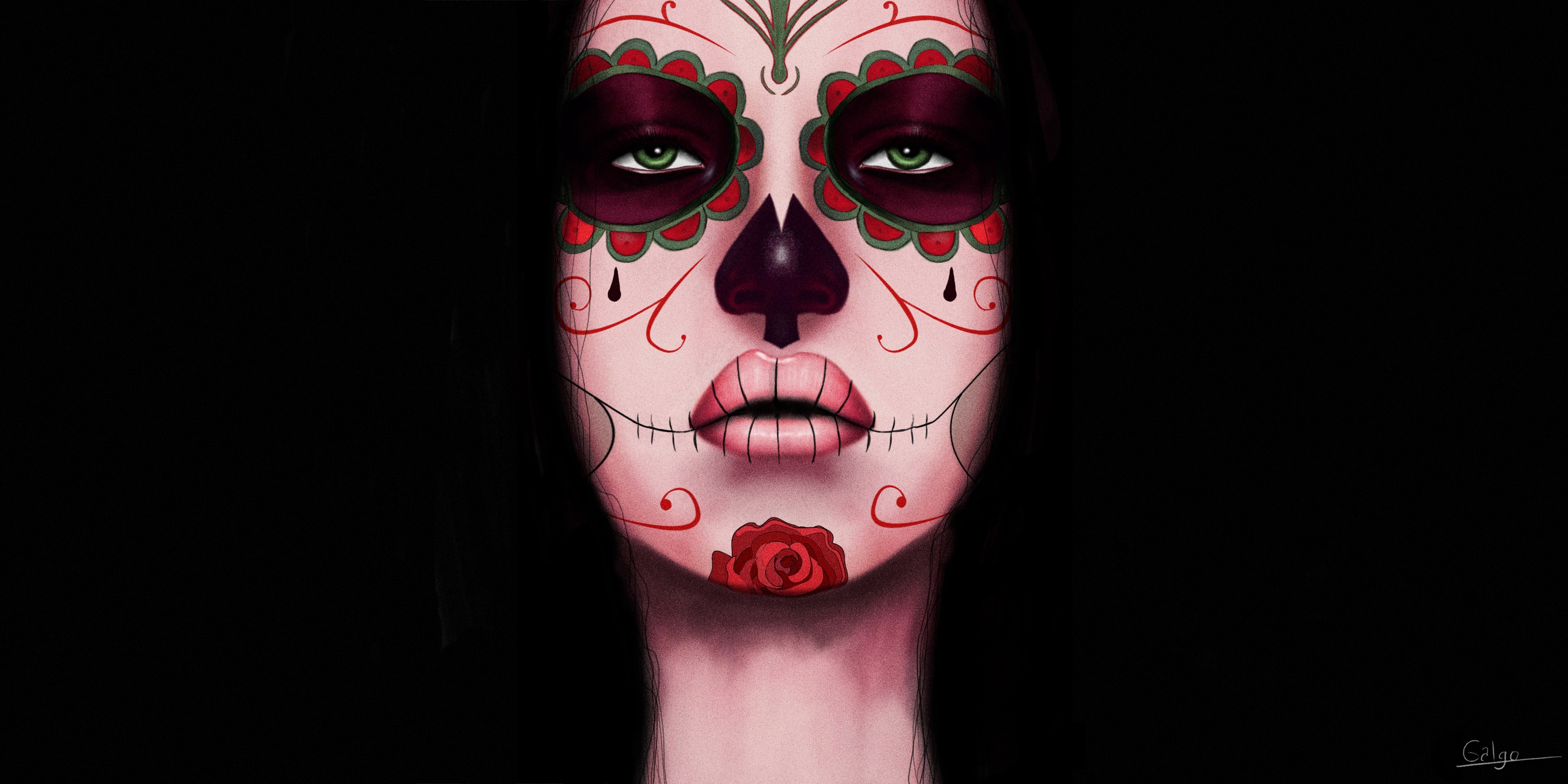 Women Artwork Dia De Los Muertos Skull Face 3000x1500
