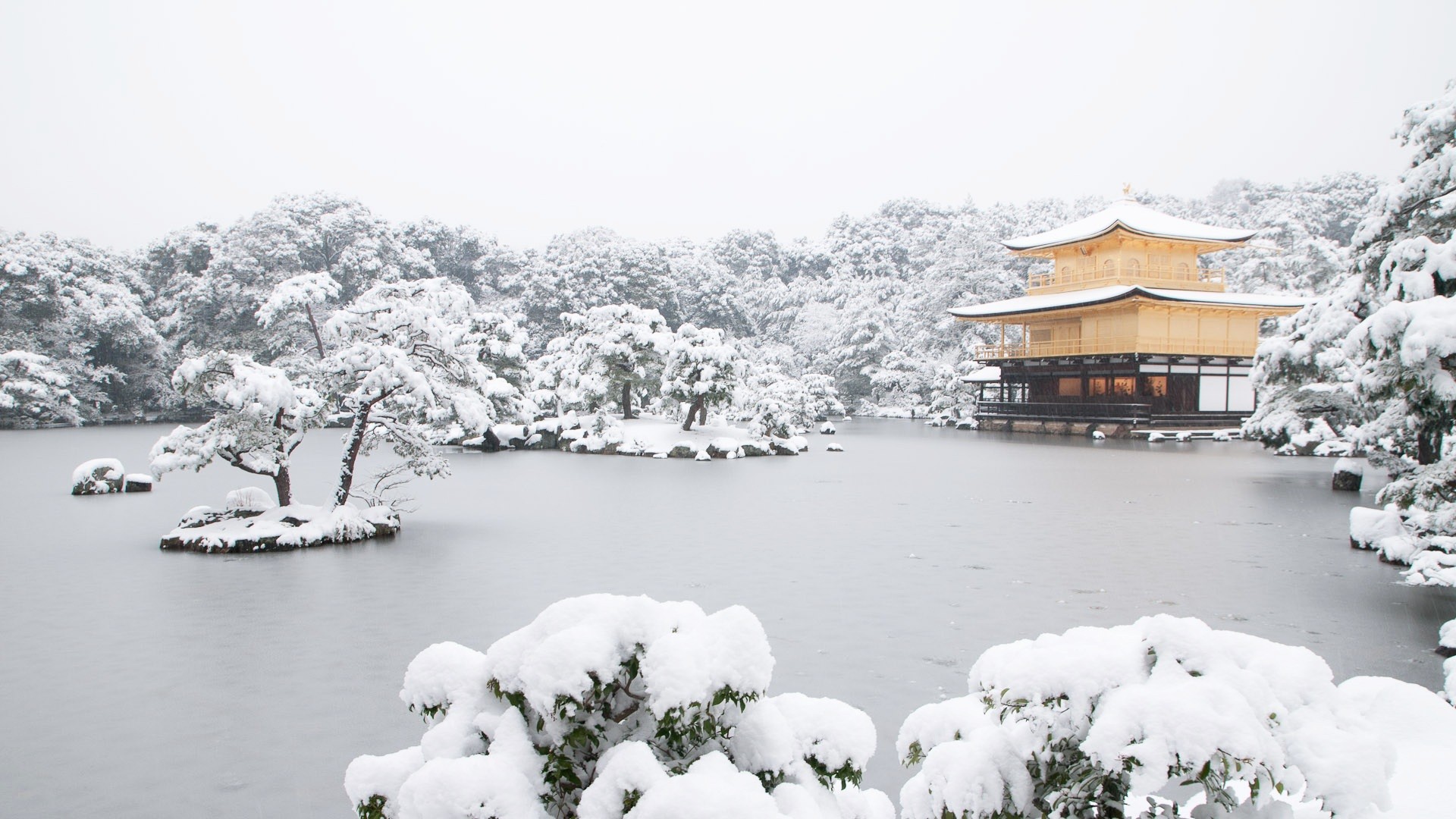 Japan Temple Lake Snow Kyoto Kinkakuji 1920x1080