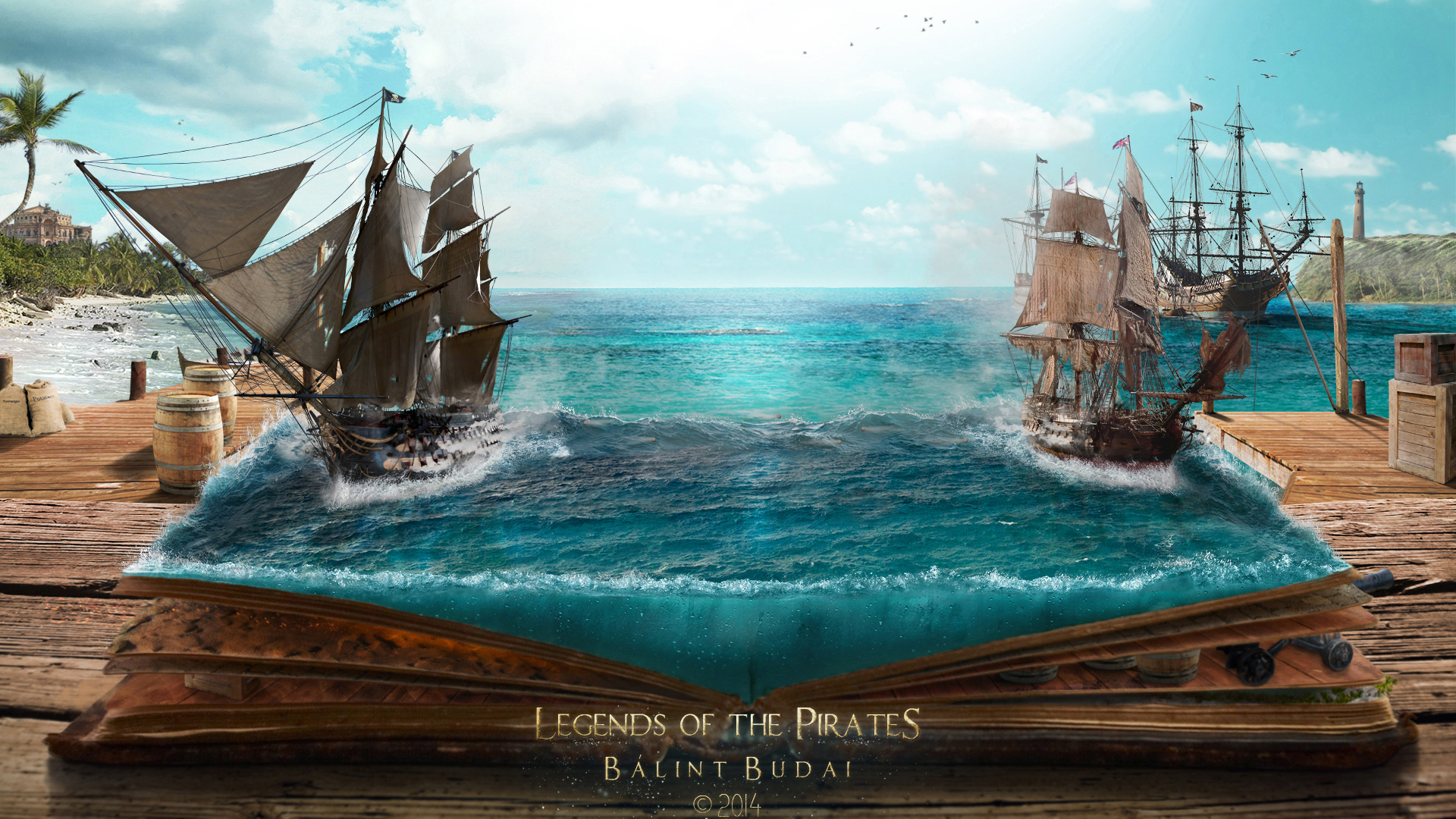 Magic Books Pirates Sea Battle Coast Ports Island Fantasy Art Balint Budai 1920x1080