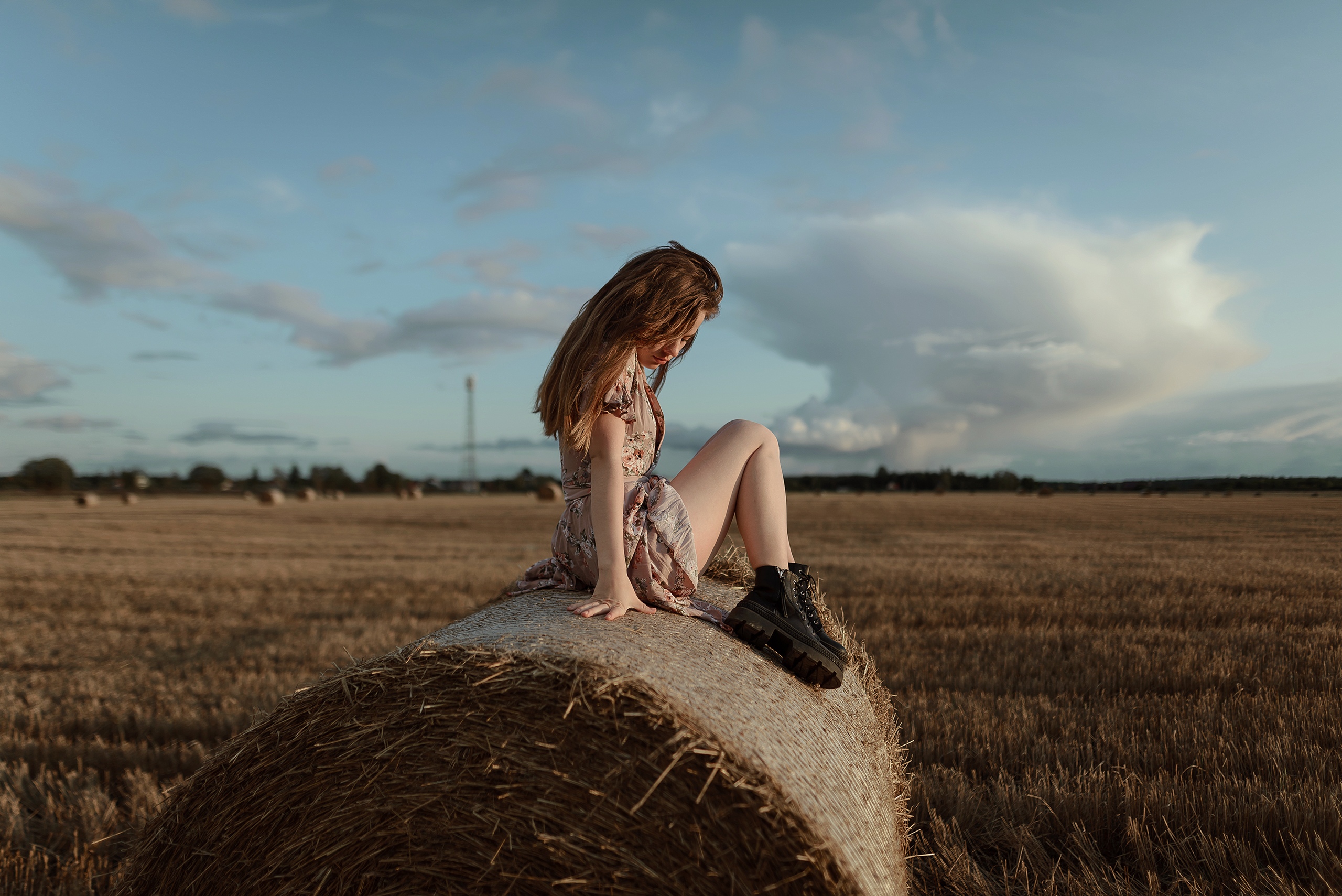 Women Model Brunette Long Hair Dress Sitting Side View Boots Hay Depth Of Field Clouds Sky Outdoors  2560x1709