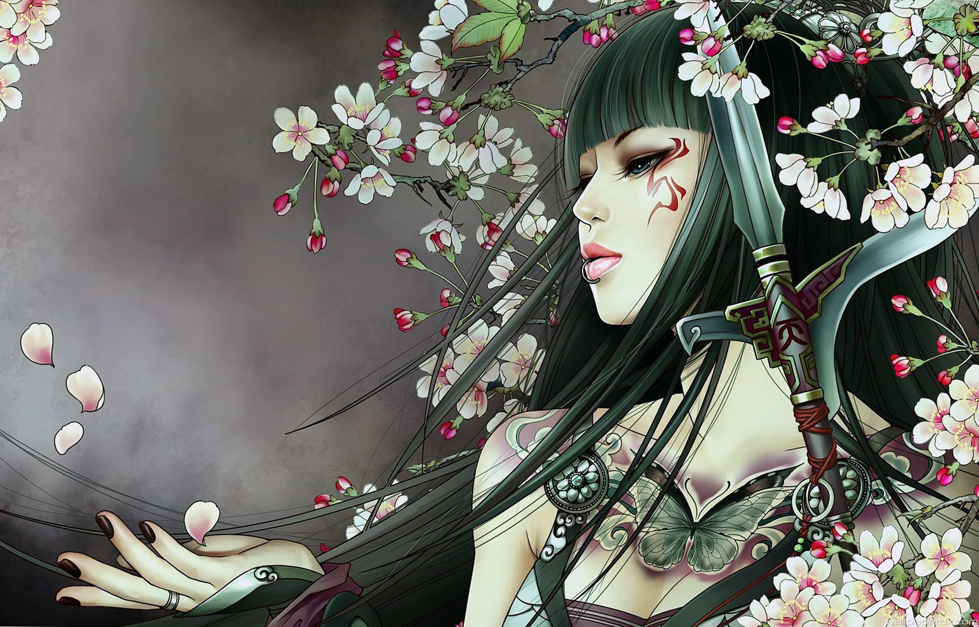 Samurai Women Anime Girls Painted Nails Anime Flowers Dark Hair Wallpaper Resolution 1949x1248 Id 6468 Wallha Com