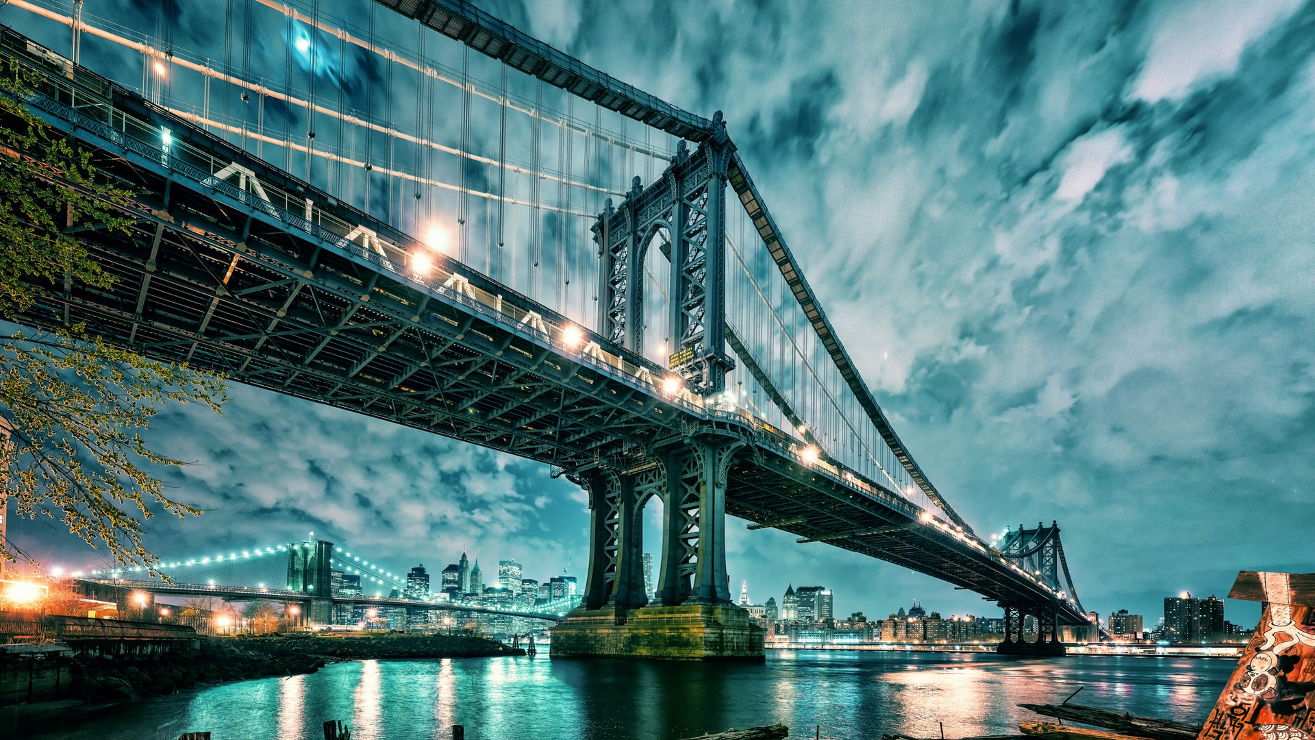 Manhattan Manhattan Bridge Bridge Architecture USA New York City Night Water Lights City Cityscape B 1920x1080